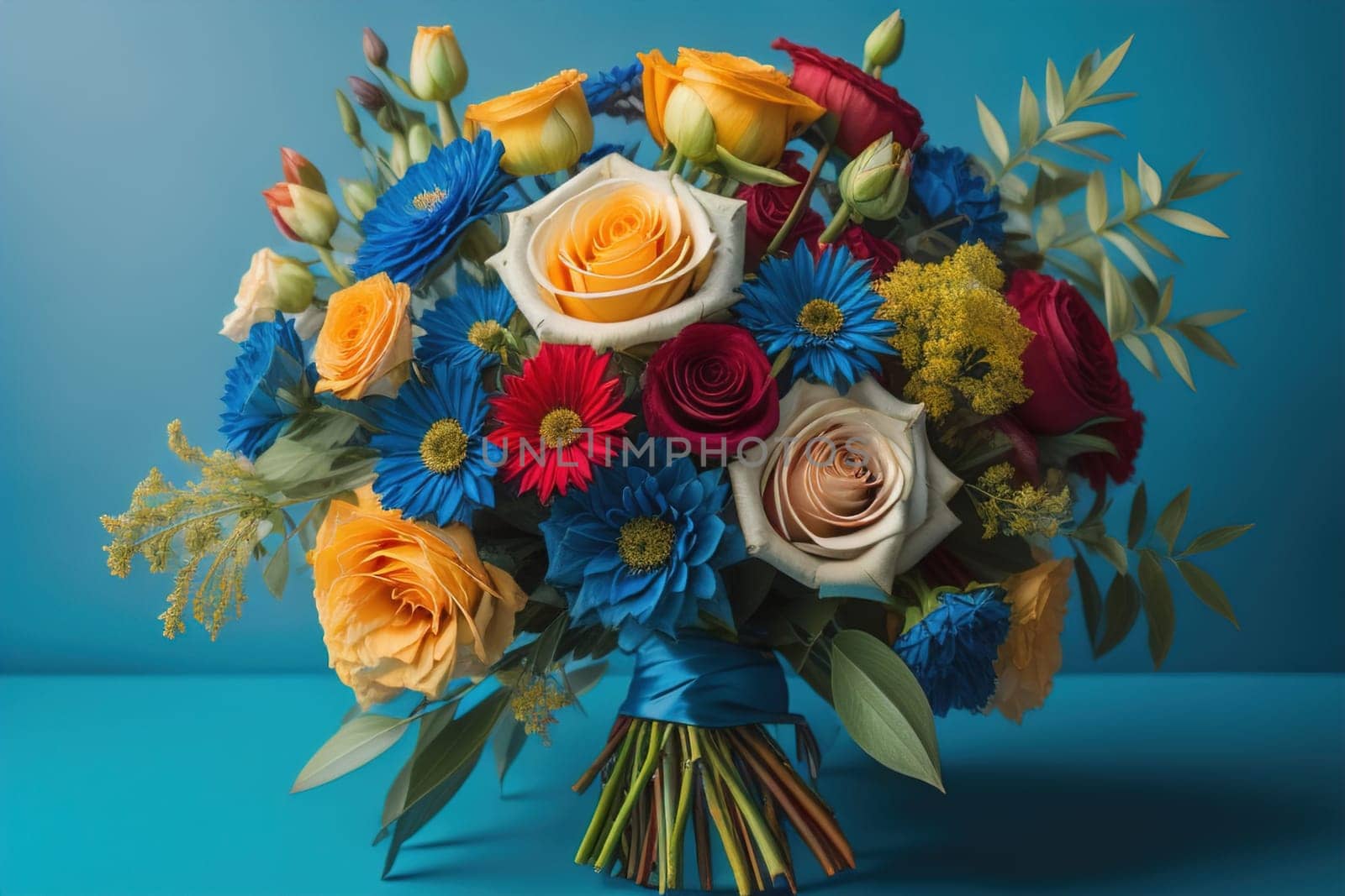 wedding bouquet of different colors on a solid color background. ai generative