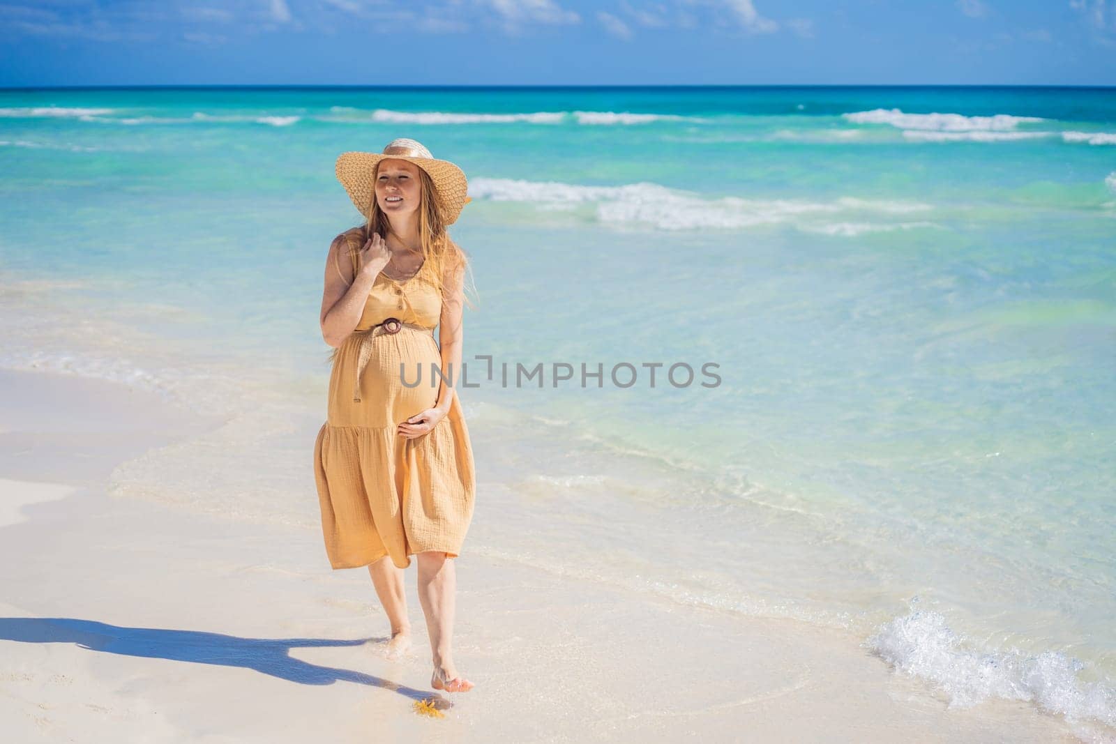 Radiant and expecting, a pregnant woman stands on a pristine snow-white tropical beach, celebrating the miracle of life against a backdrop of natural beauty.