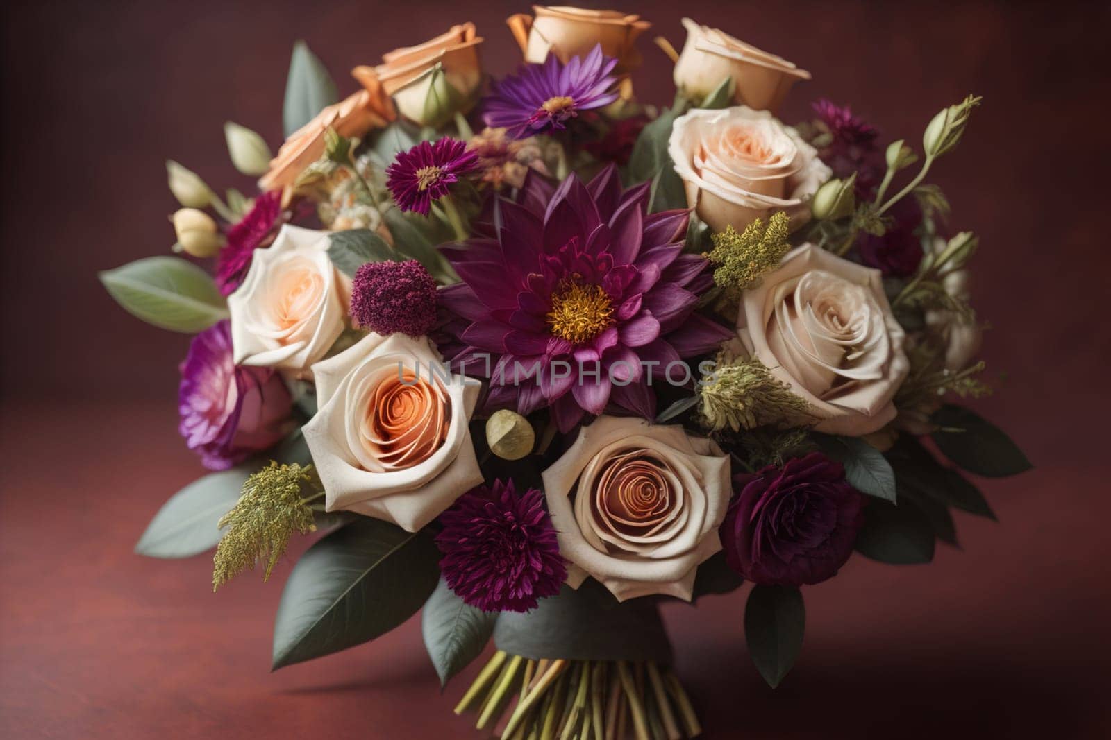 wedding bouquet of different colors on a solid color background. ai generative