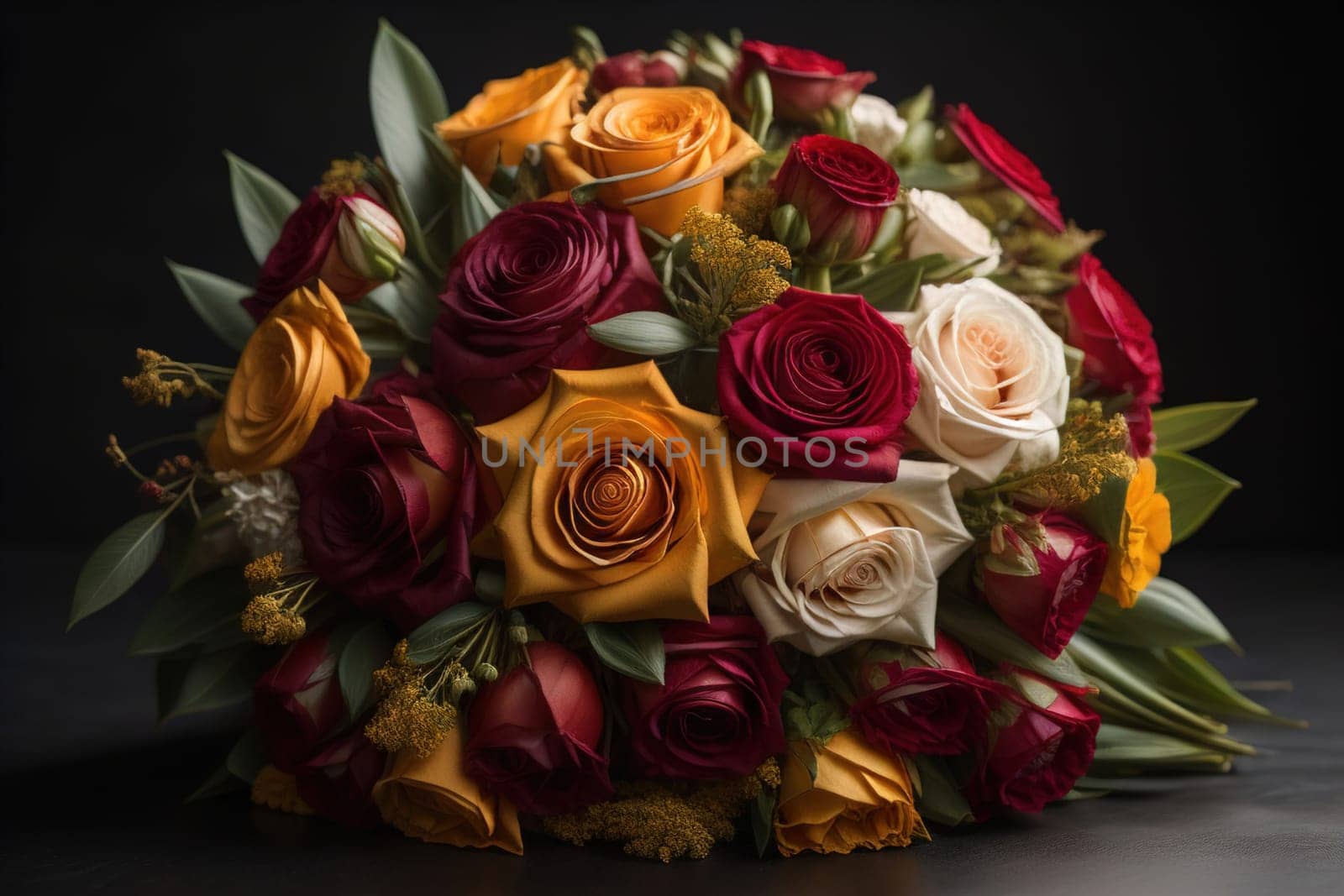 wedding bouquet of different colors on a solid color background. ai generative