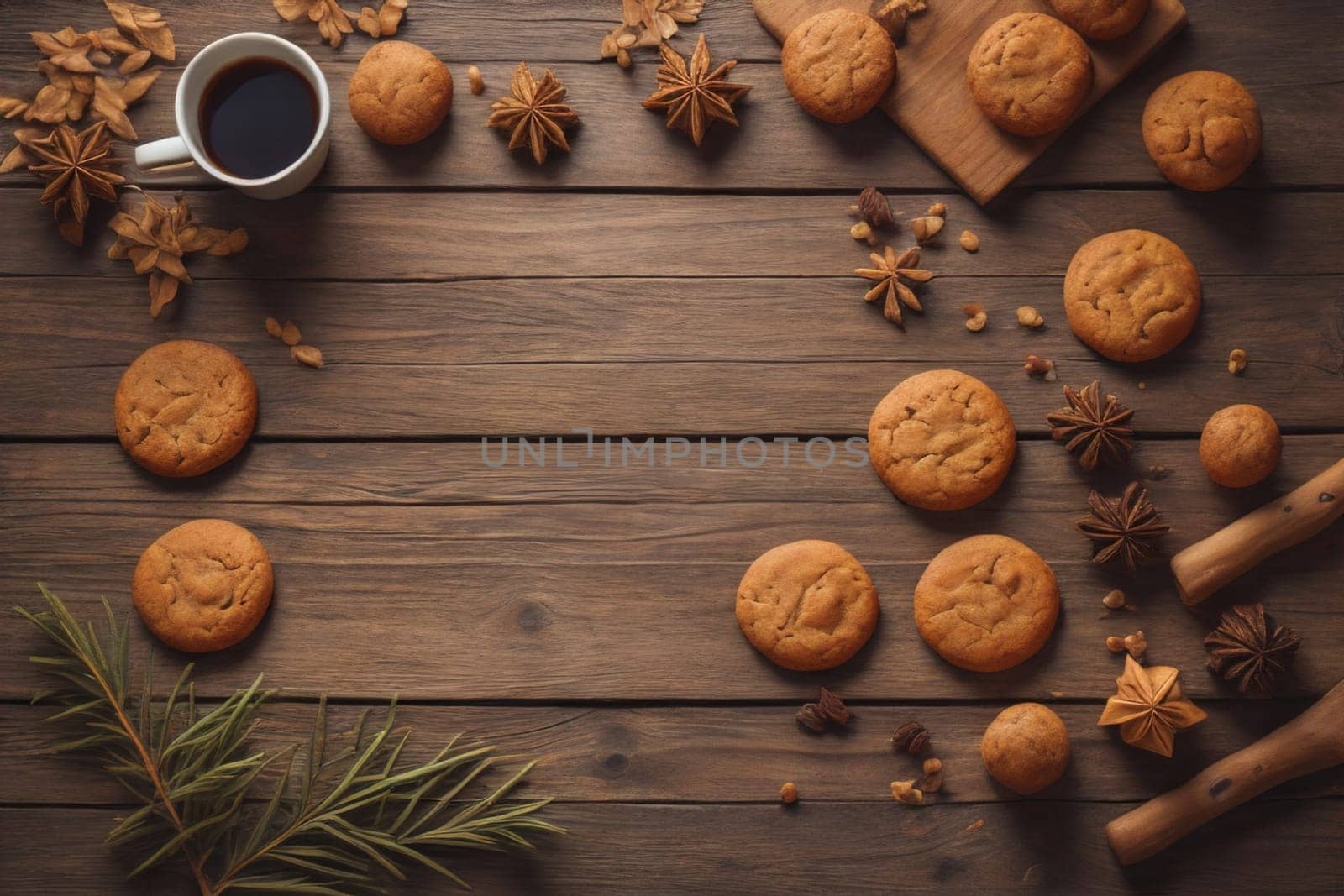 Cookies on a wooden table. Top view. ai generative