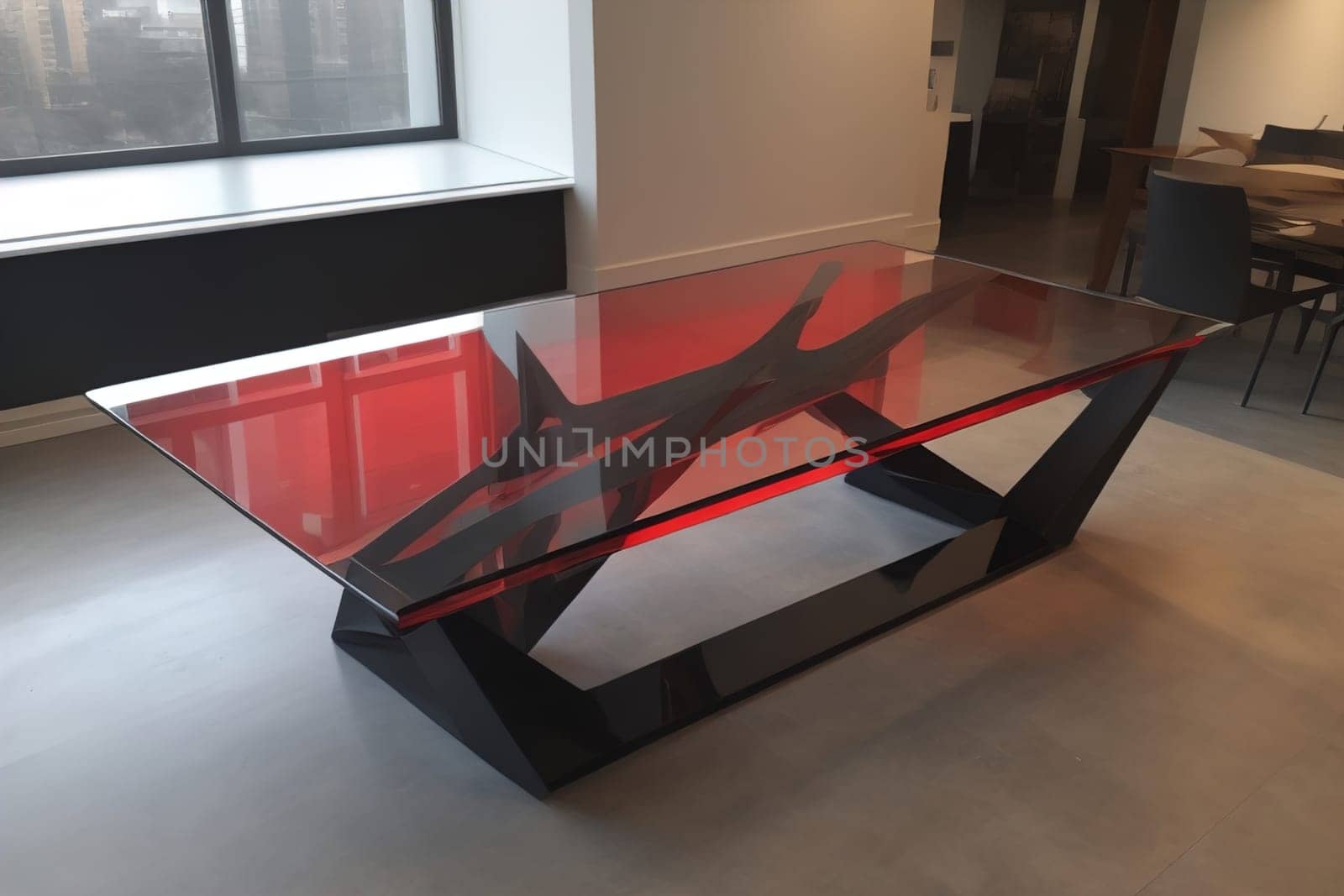 a glass table in a room. ai generative