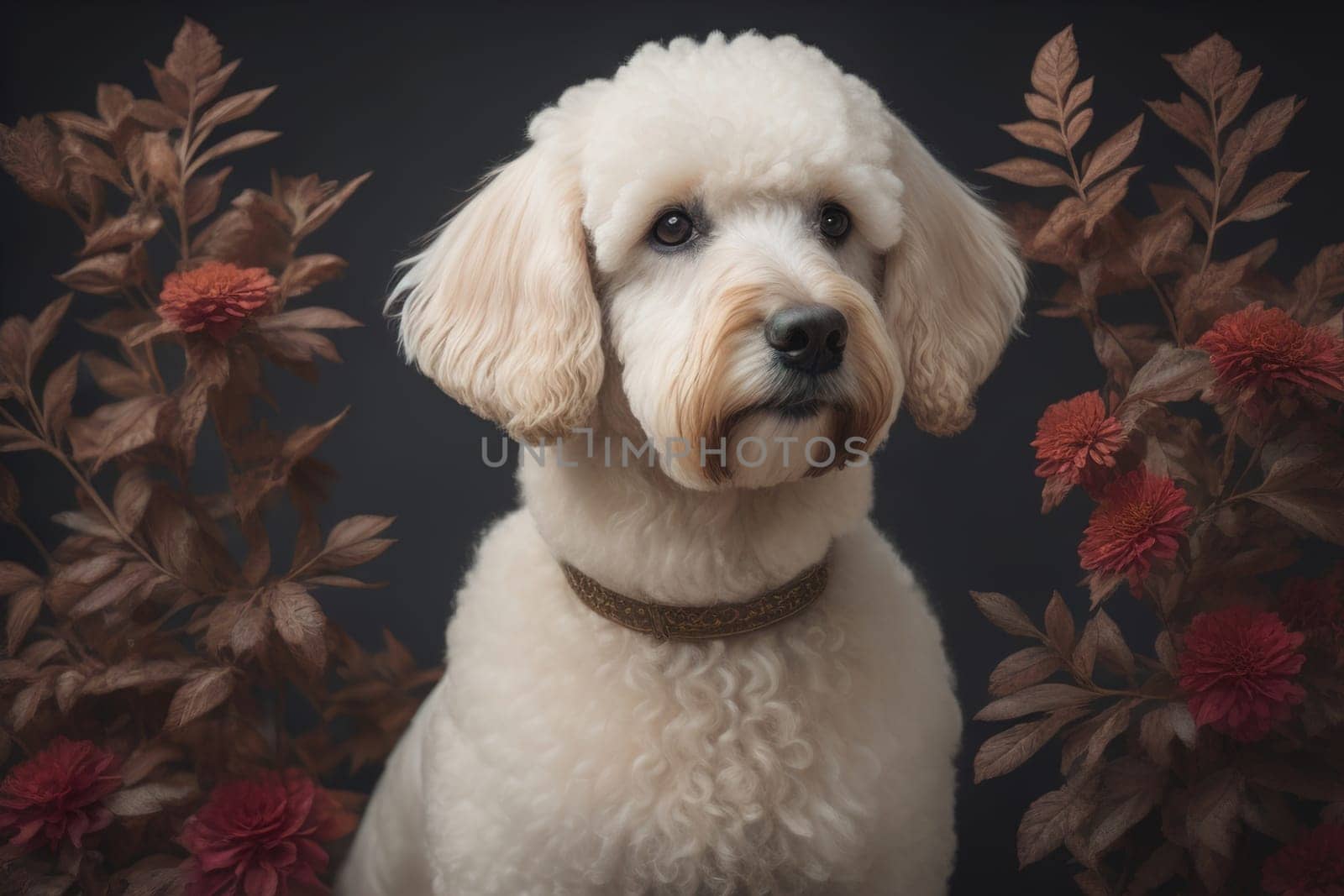 Close-up portrait of a poodle dog on a solid color background. ai generative