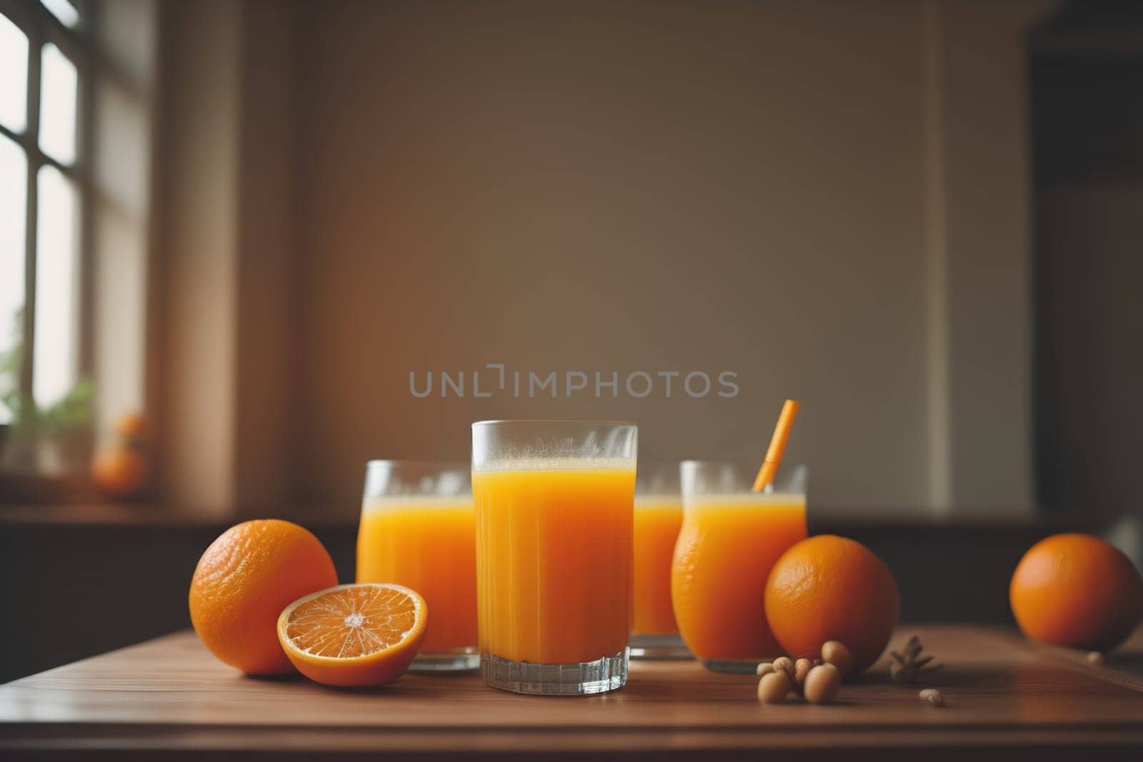 Glass of orange juice and fresh orange fruits. ai generative