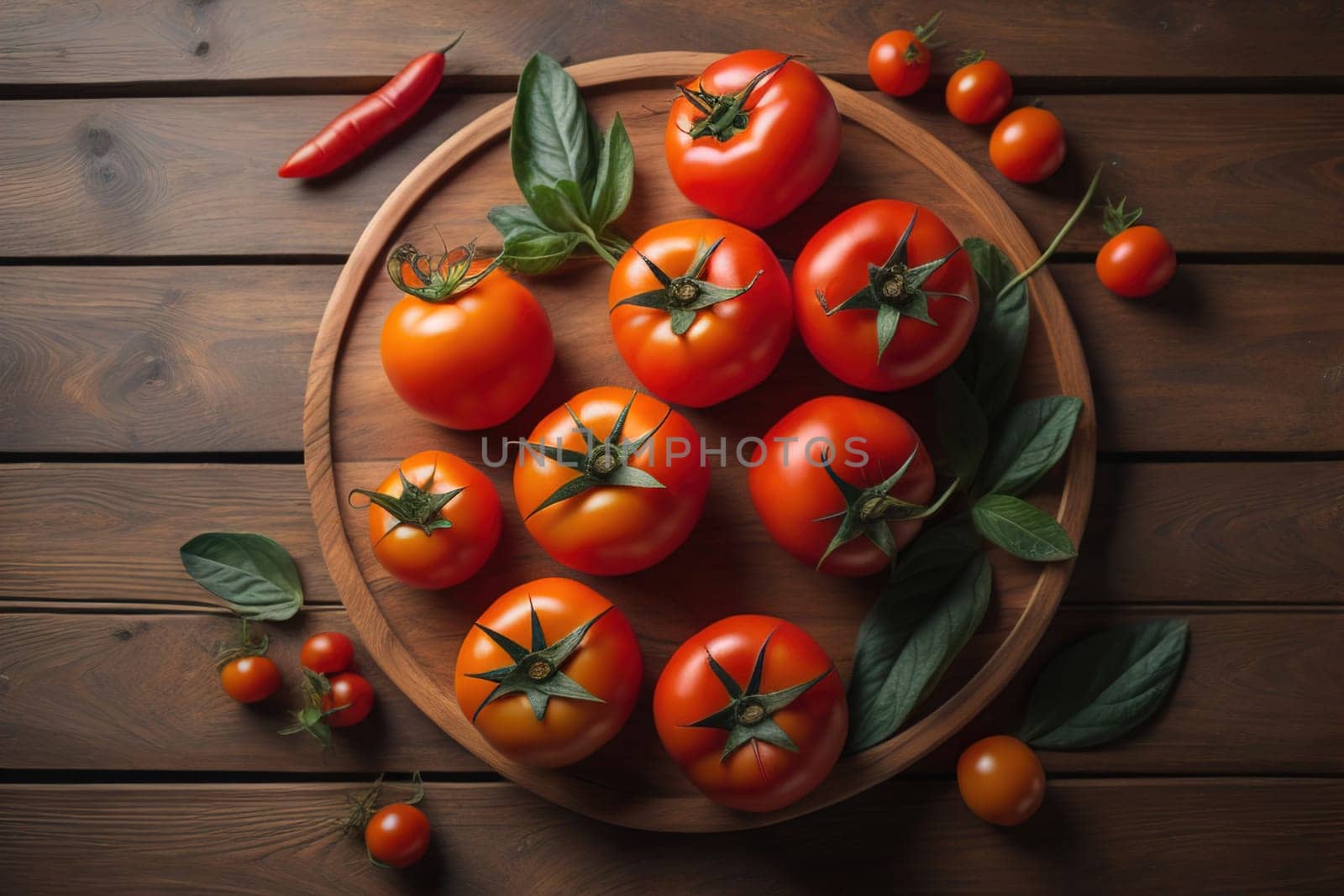 Tomatoes on a wooden table on a dark background. ai generative