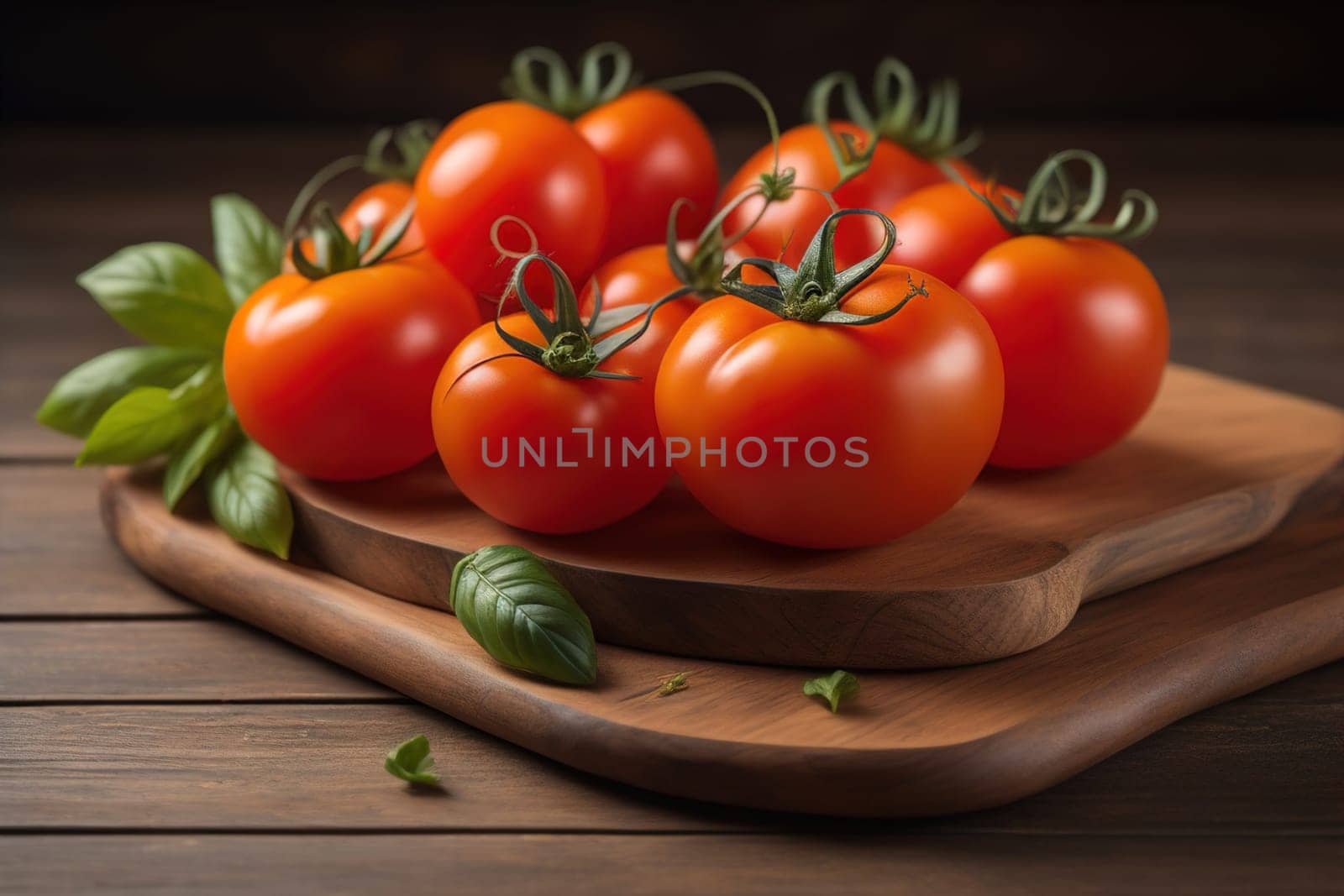 Tomatoes on a wooden table on a dark background. ai generative