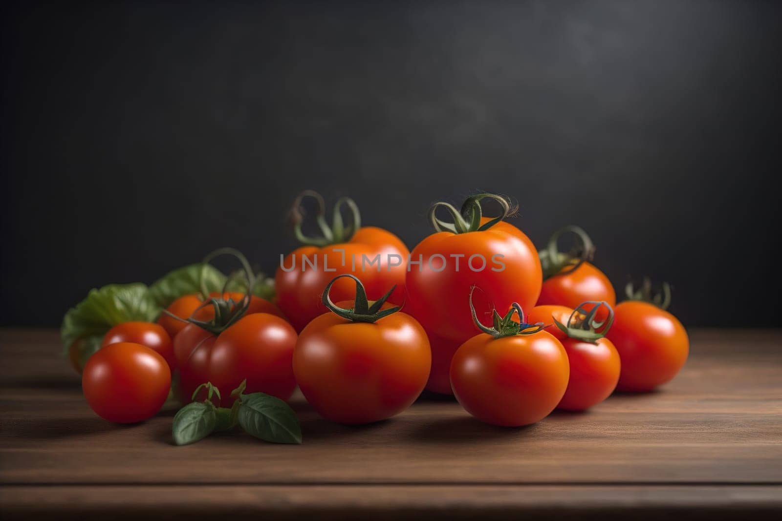 Tomatoes on a wooden table on a dark background. ai generative