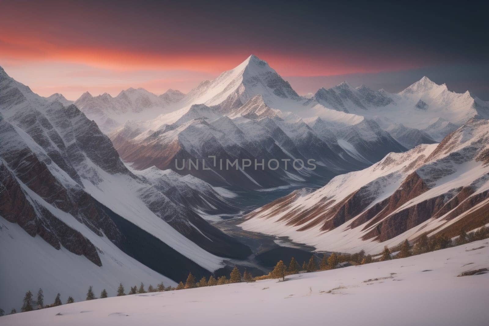 Mountains and snow-capped peaks of the Caucasus Mountains. ai generative