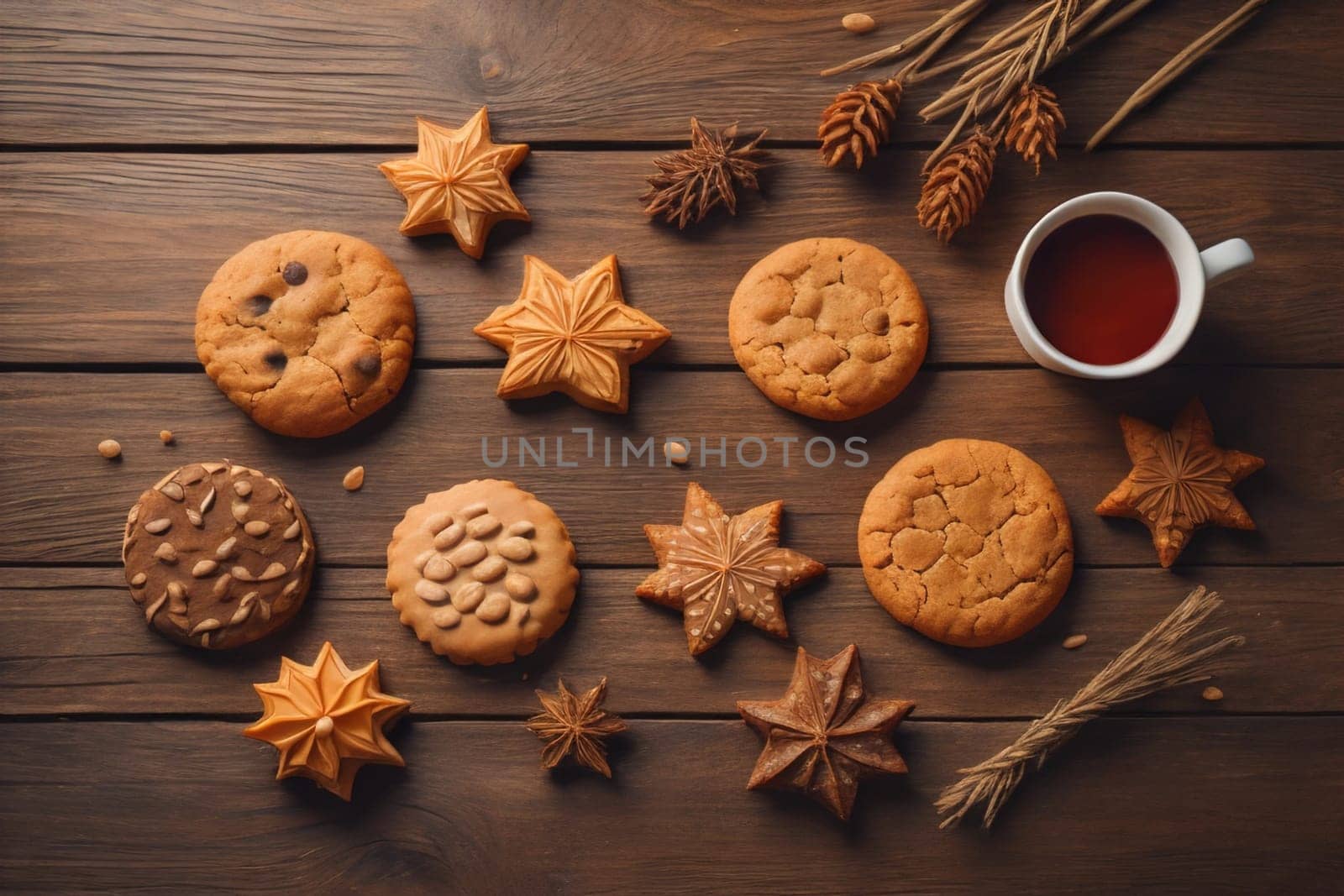 Cookies on a wooden table. Top view. ai generative