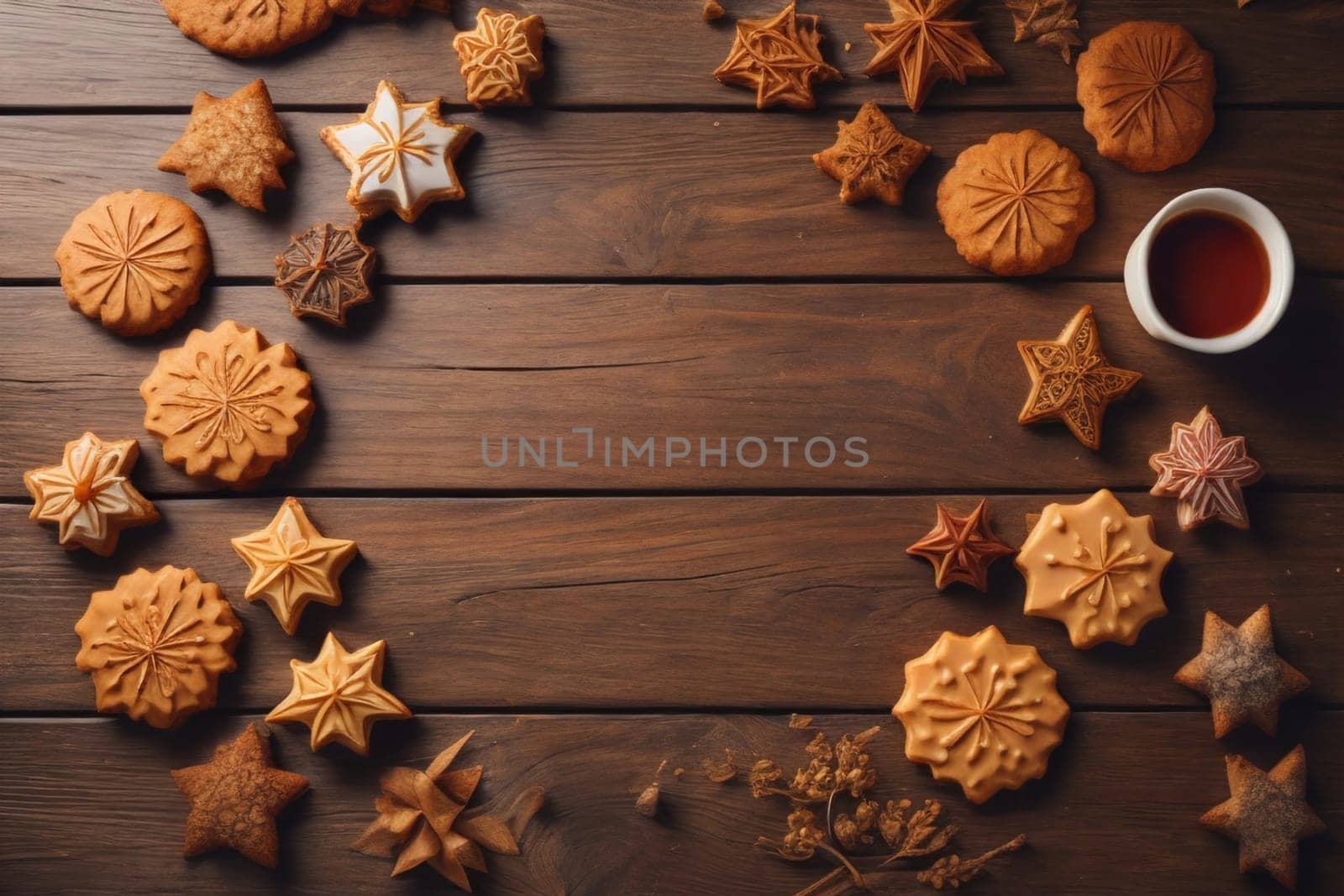 Cookies on a wooden table. Top view. ai generative