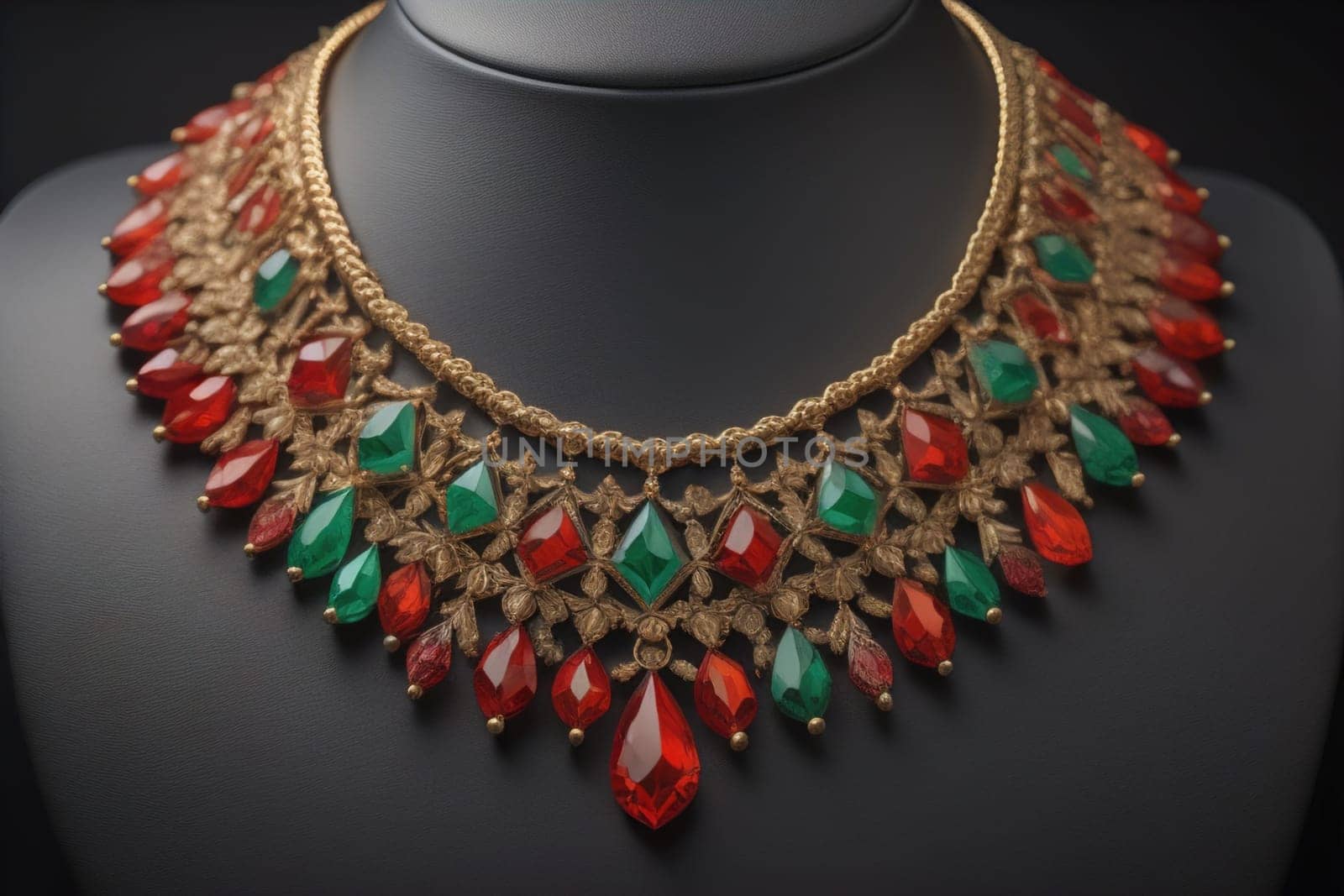 necklace on a mannequin in the studio on a solid color background. ai generative