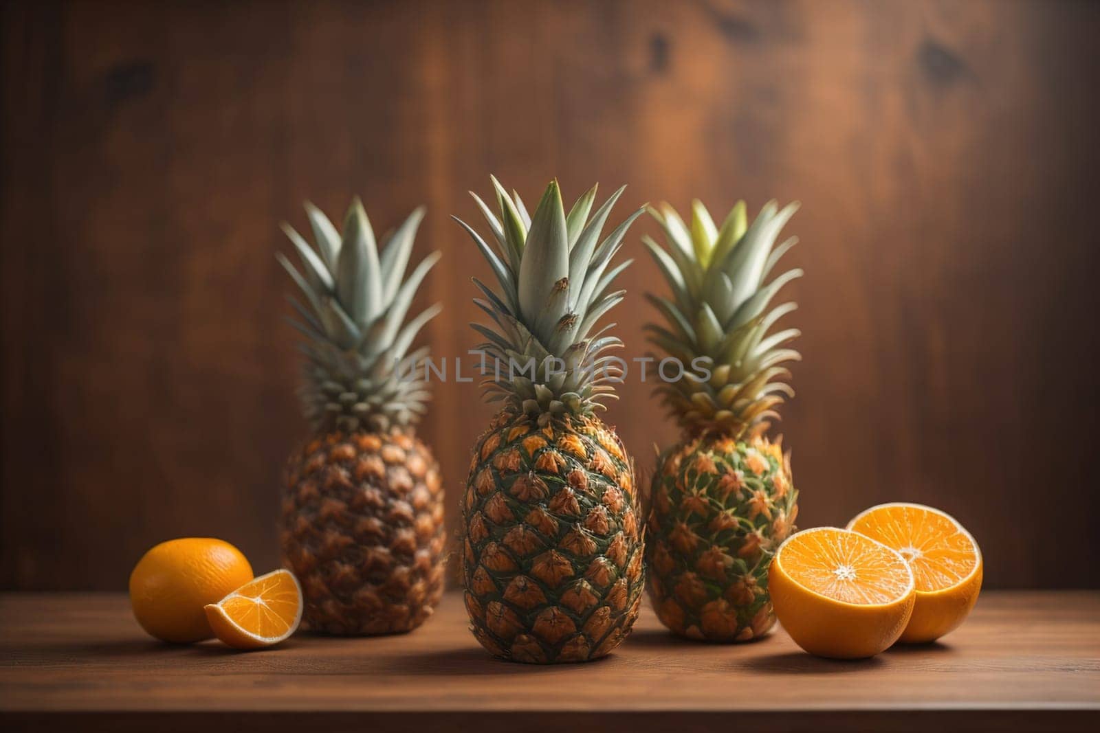 Pineapples on a wooden background. ai generative