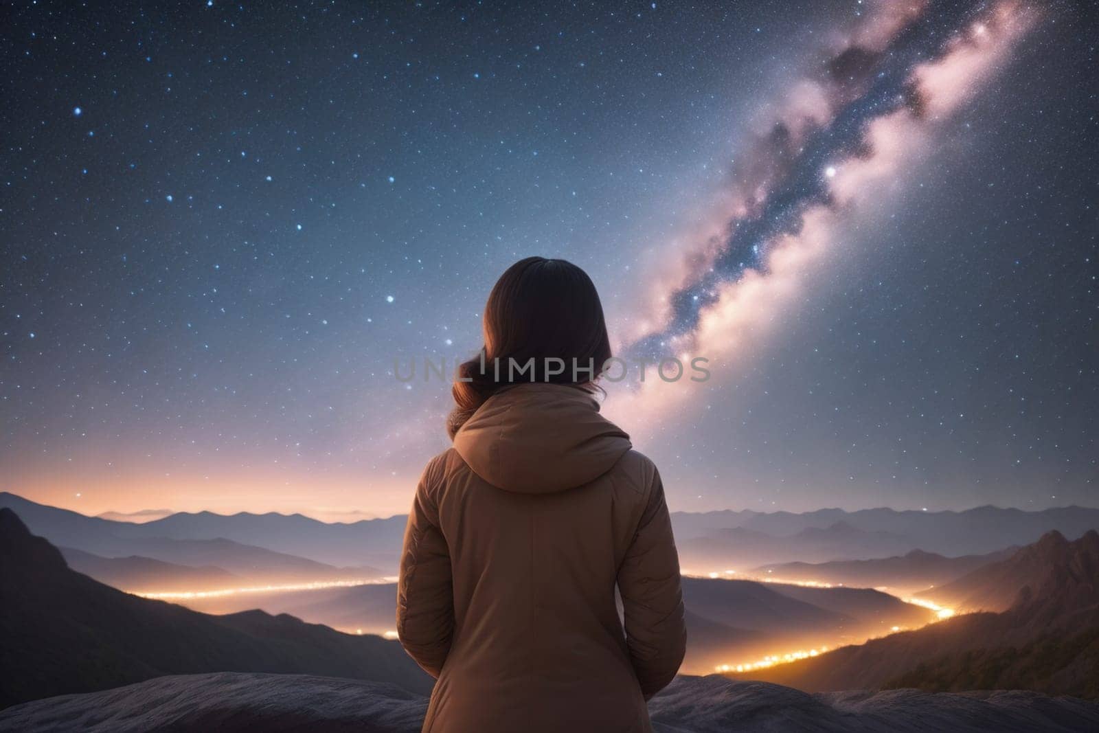 Woman looking at the starry sky with milky way in the mountains. ai generative by sanisra