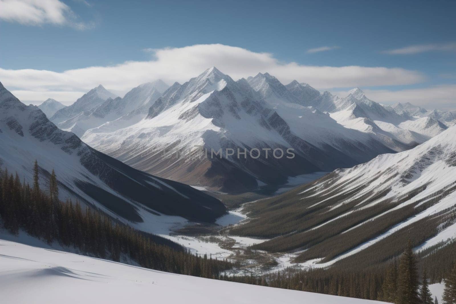 Mountains and snow-capped peaks of the Caucasus Mountains. ai generative by sanisra