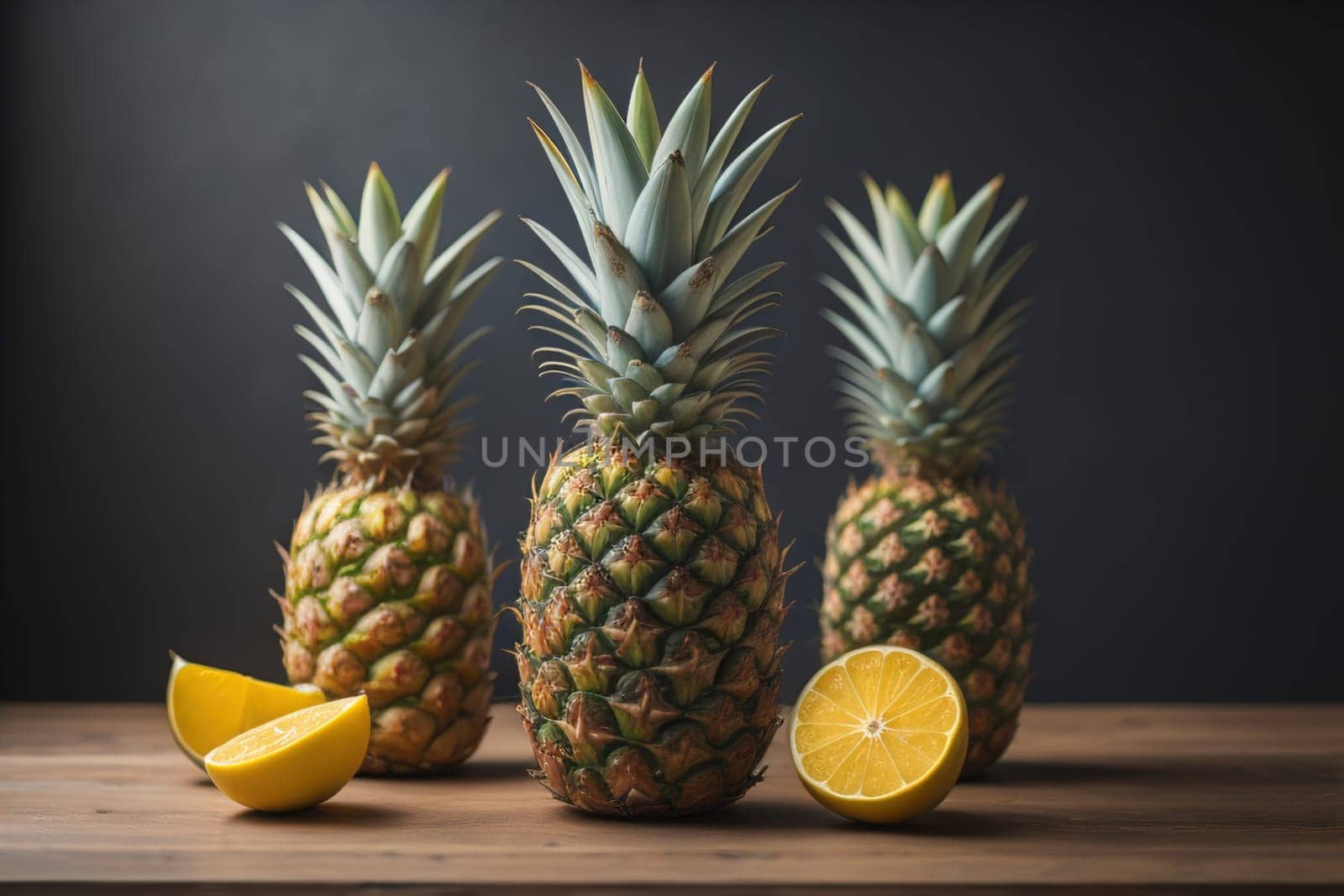 Pineapples on a wooden background. ai generative