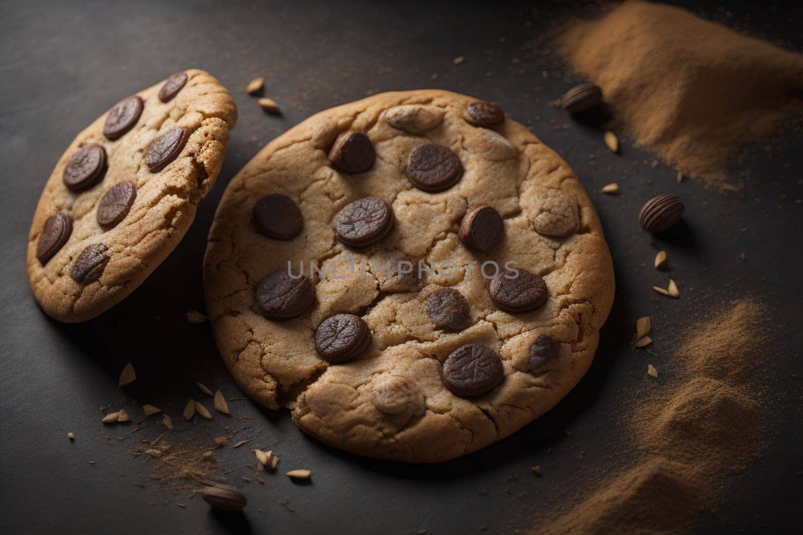 Chocolate chip cookies on orange background. Close up. Selective focus. ai generative