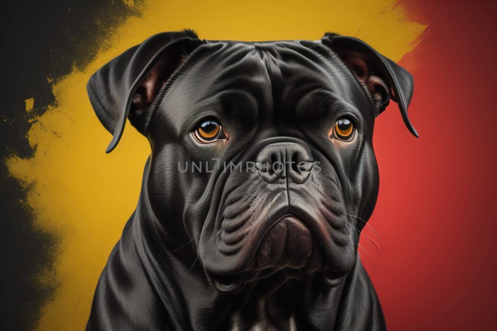 Close up portrait of a cute black dog on a orange background. ai generative