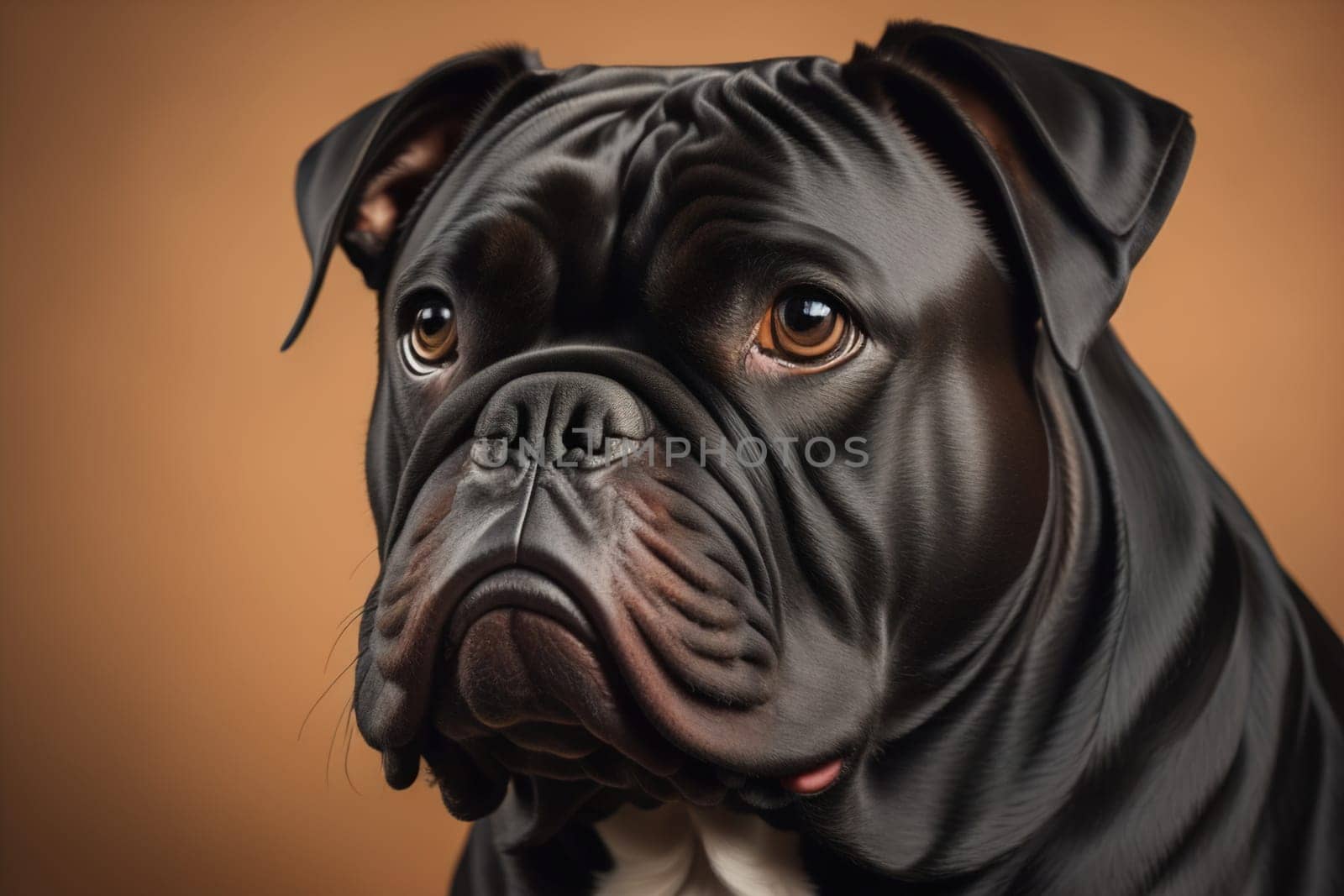 Close up portrait of a cute black dog on a orange background. ai generative