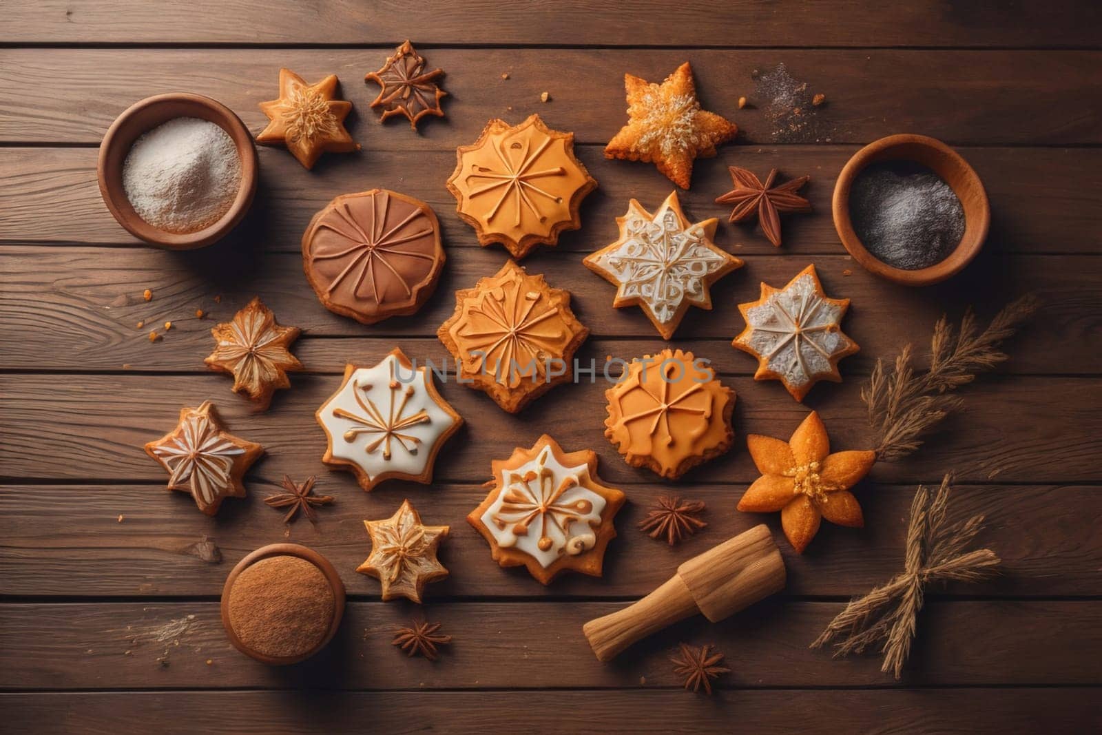 Cookies on a wooden table. Top view. ai generative