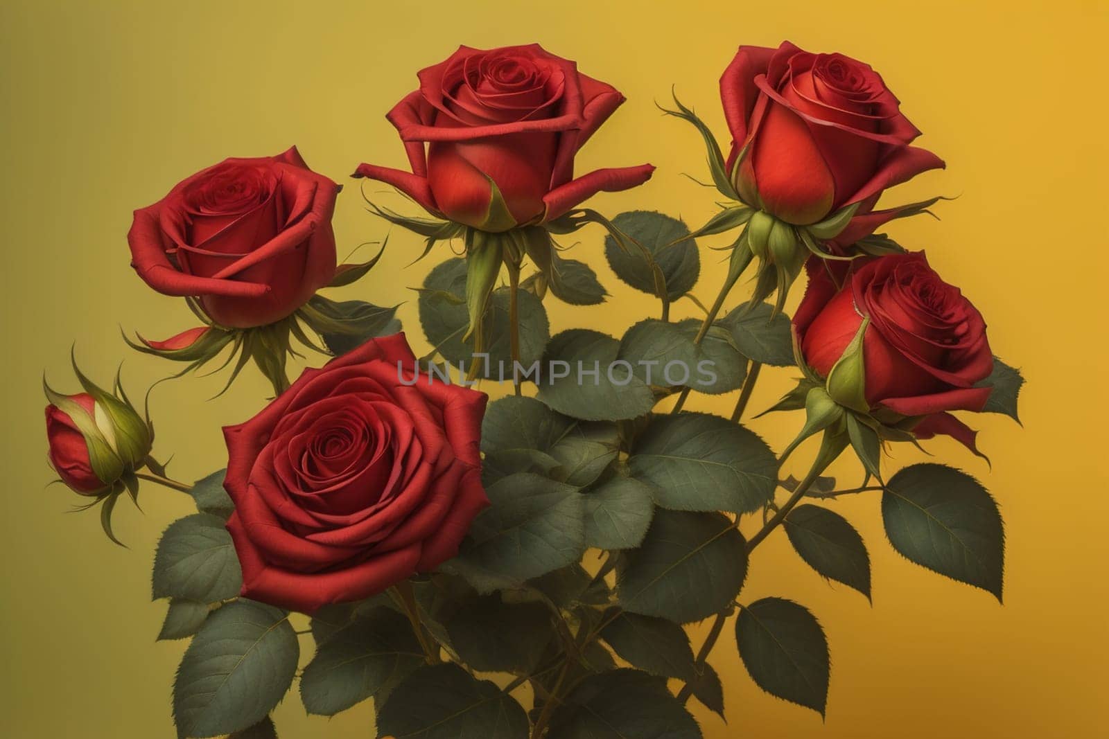 Red roses background. Top view of beautiful red roses with green leaves. ai generative