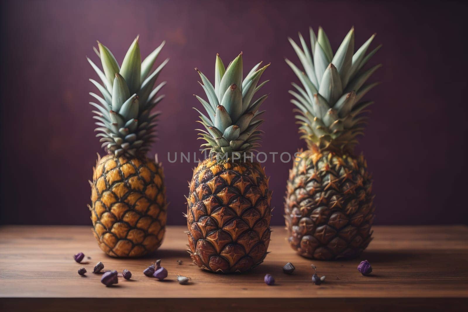 Pineapples on a wooden background. ai generative