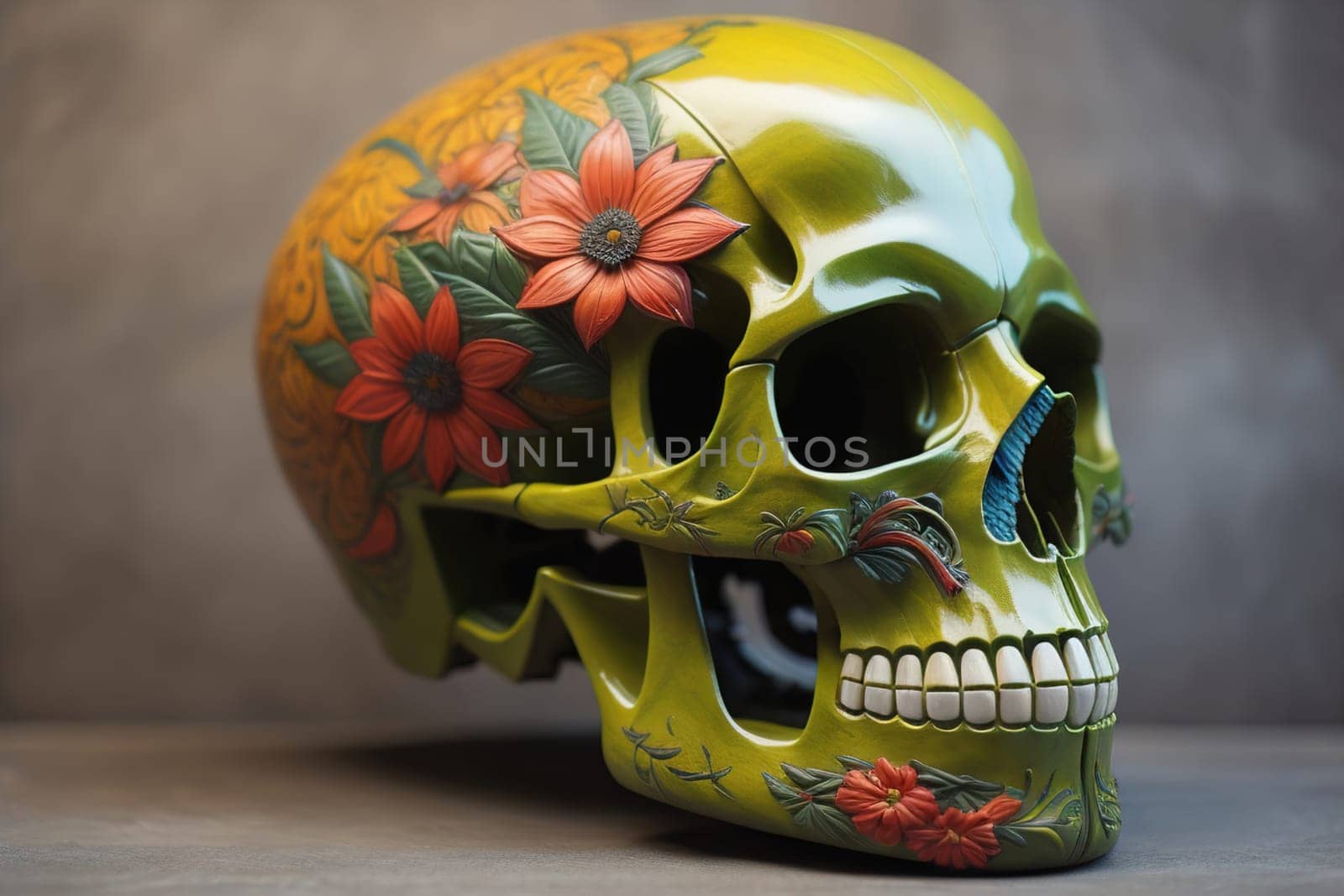 human skull on solid color background. Halloween concept. Close up. ai generative