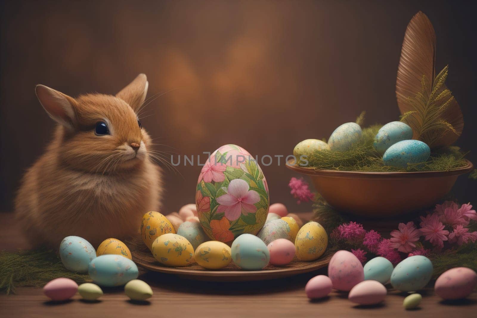Easter bunny with colorful eggs in nest. ai generative