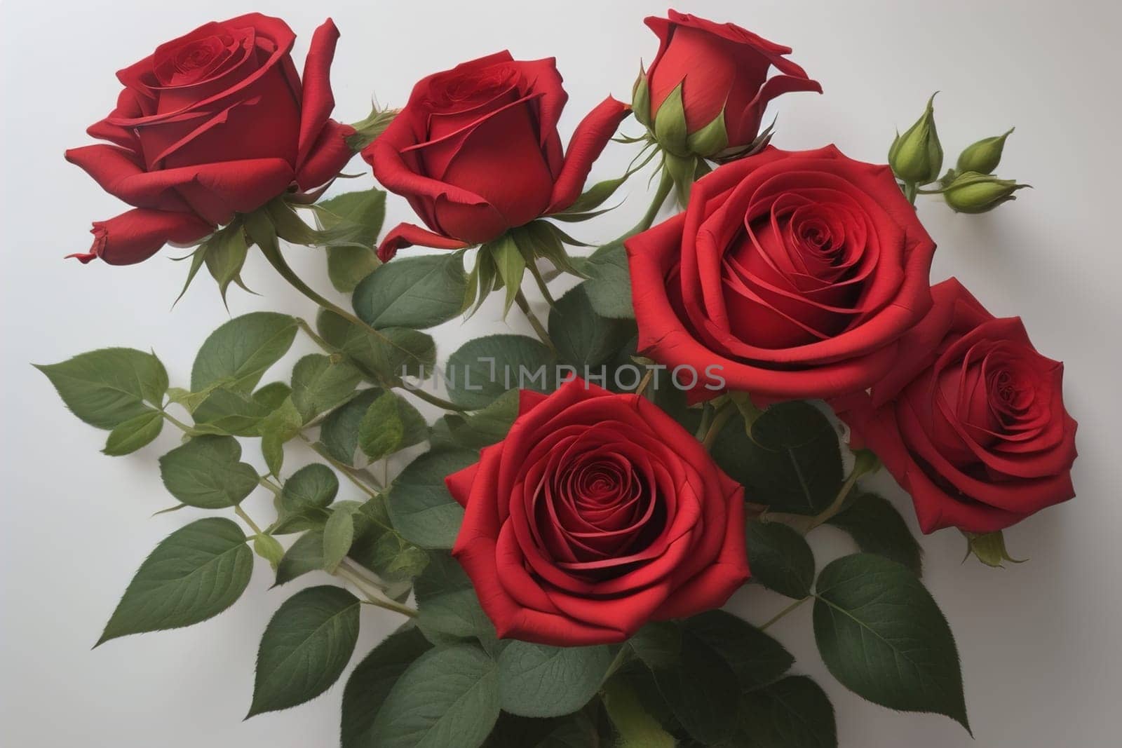 Red roses background. Top view of beautiful red roses with green leaves. ai generative