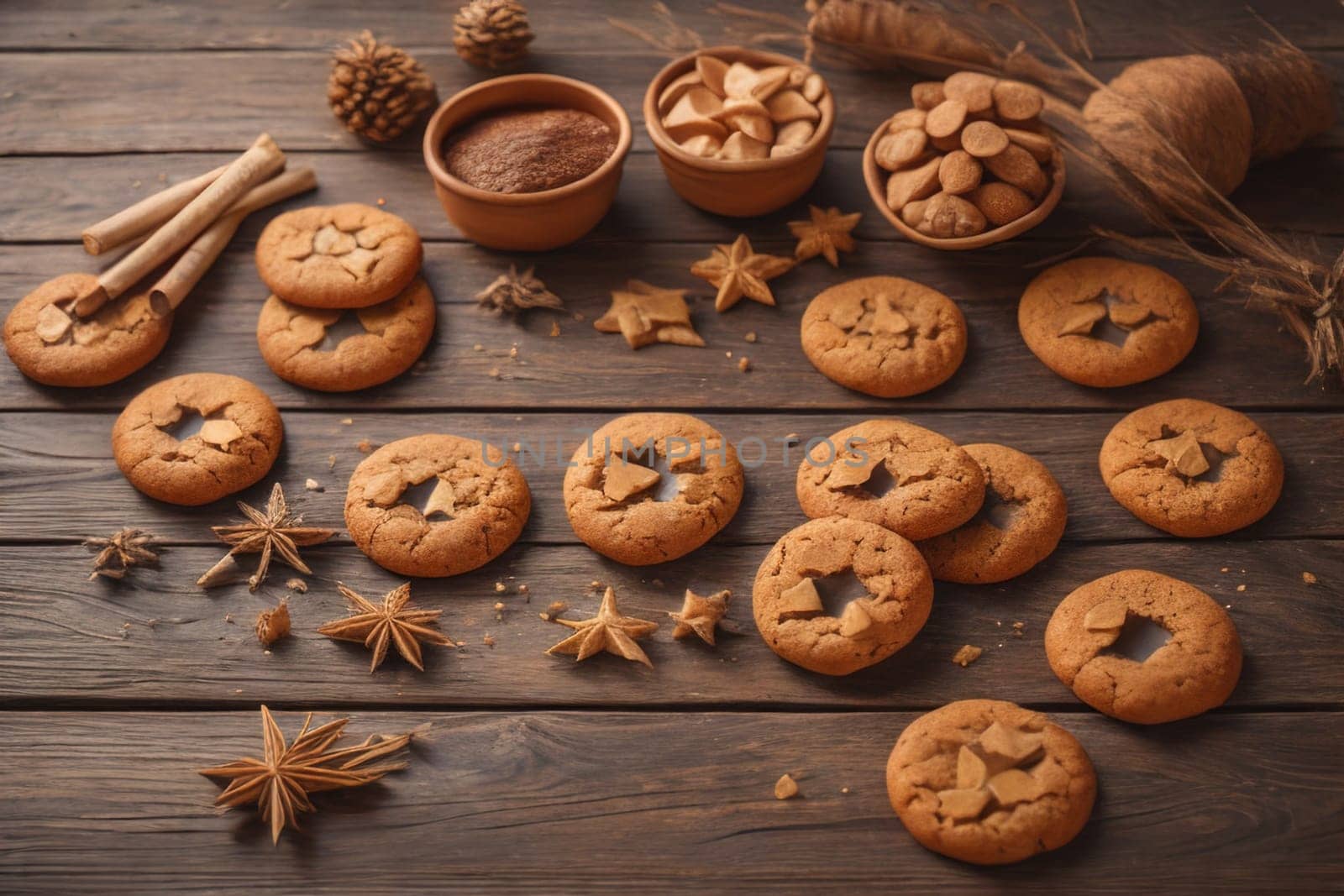 Cookies on a wooden table. Top view. ai generative