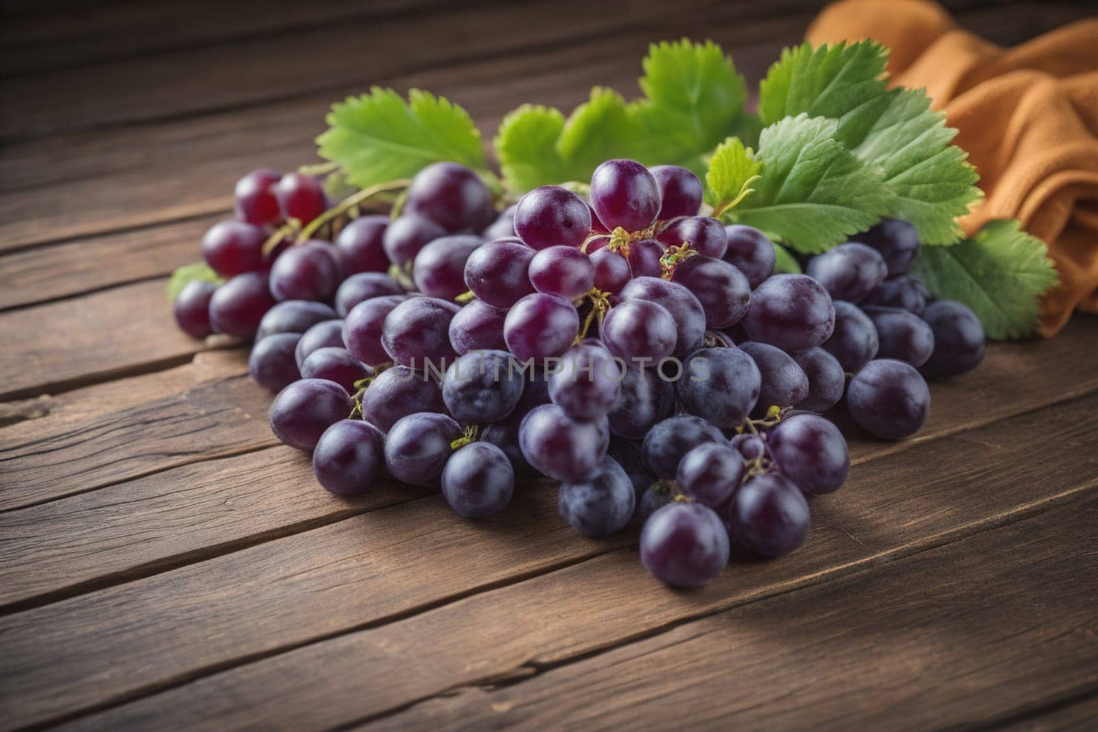 Bunch of fresh grapes on wooden table. Vintage style toned picture. ai generative
