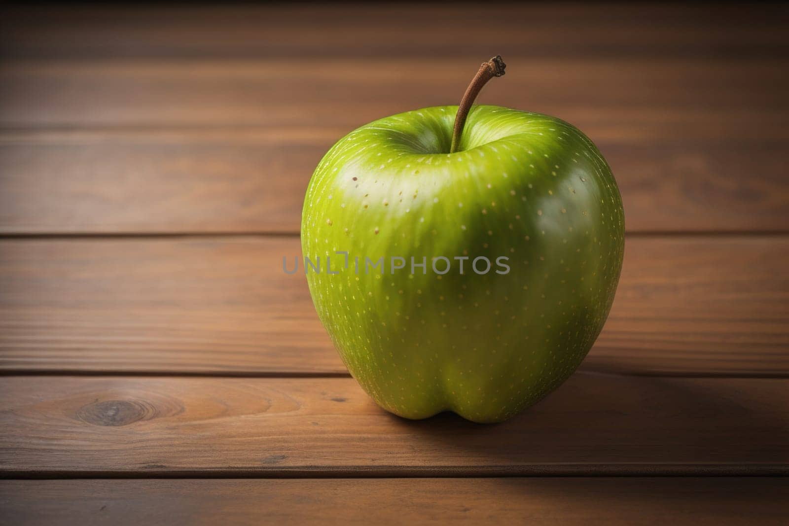 Green apple on a wooden table with dark background, shallow depth of field. The concept of healthy eating. ai generative