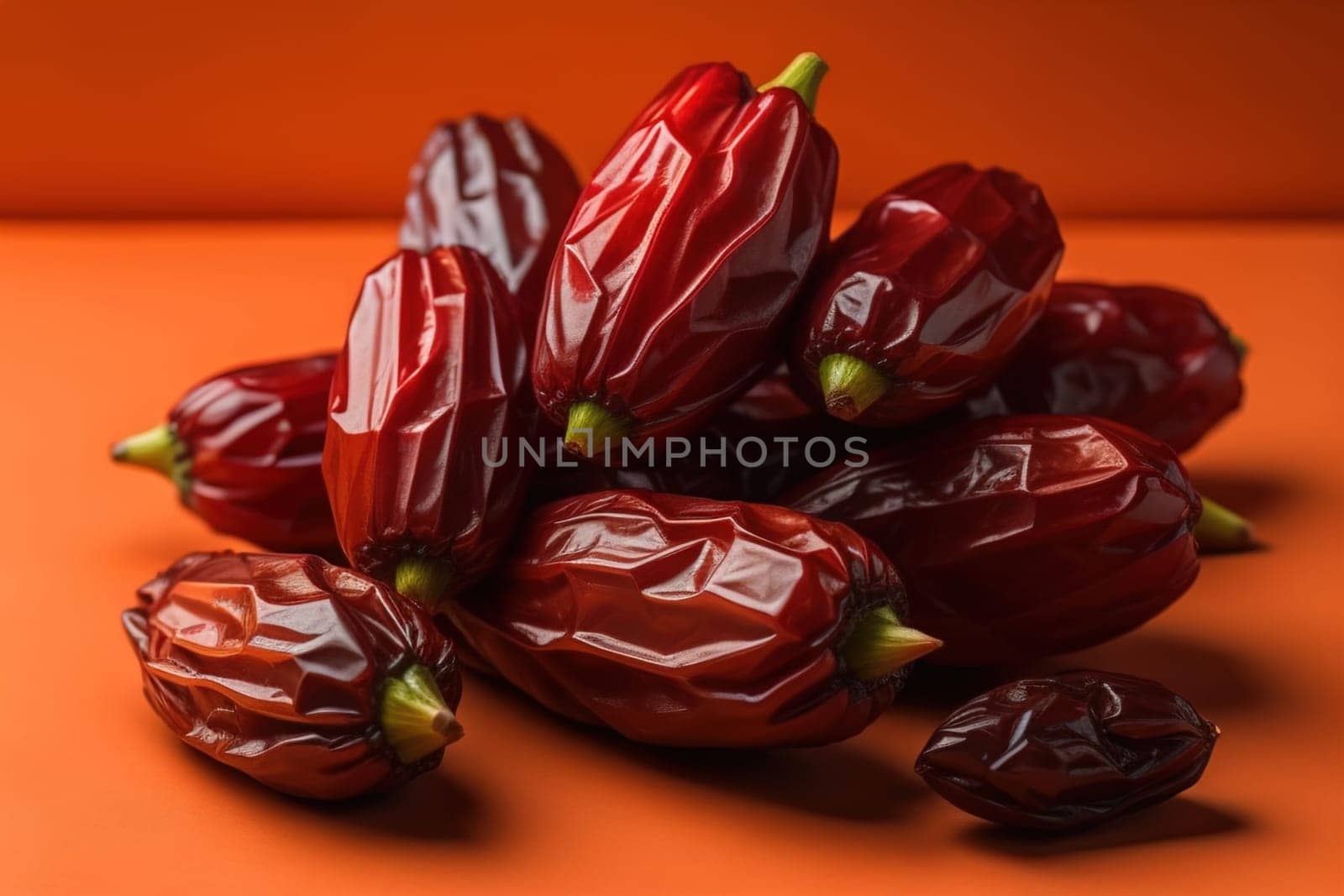 Dried fruits of date palm on a solid color background. Toned. ai generative
