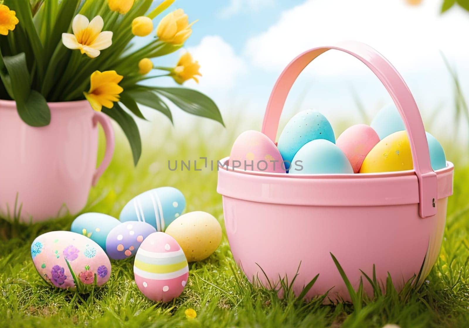 Easter bunny with colorful eggs in nest. ai generative