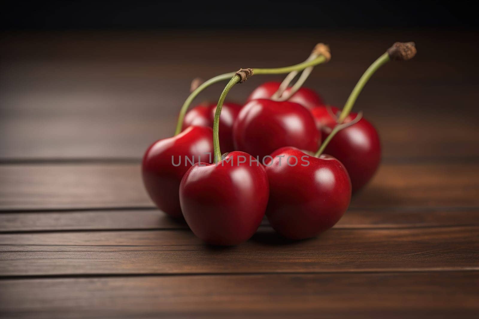 Red cherries on a wooden background. Close up. Selective focus. ai generative