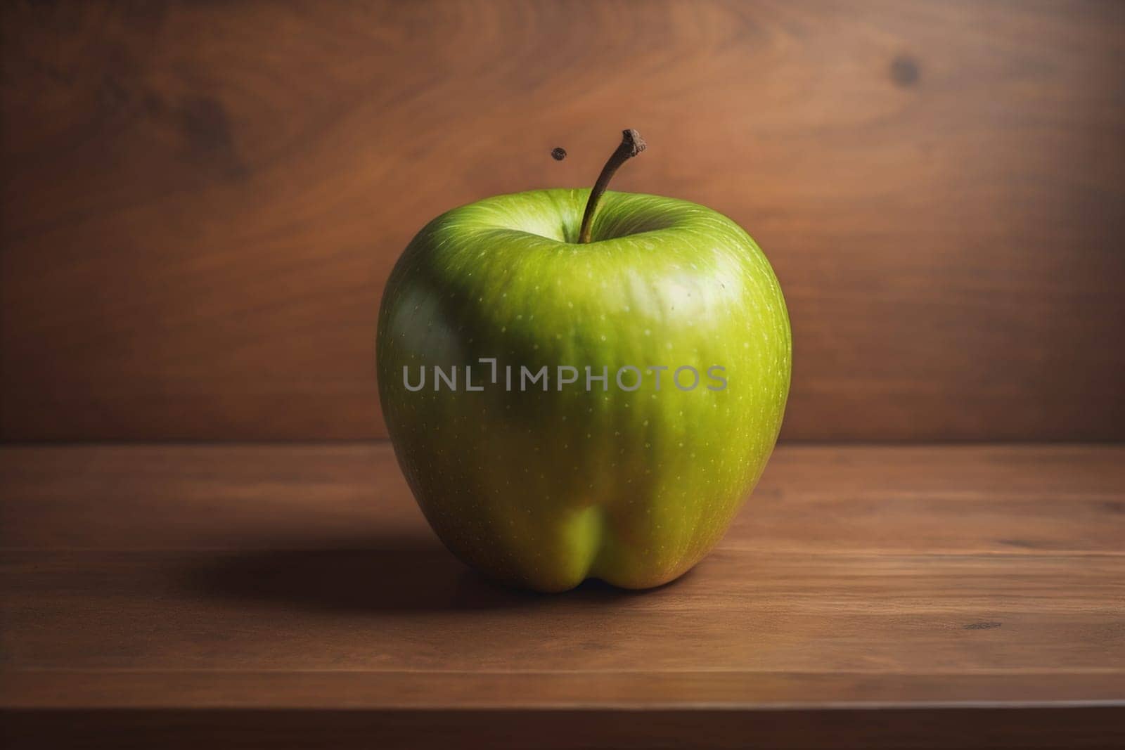 Green apple on a wooden table with dark background, shallow depth of field. The concept of healthy eating. ai generative