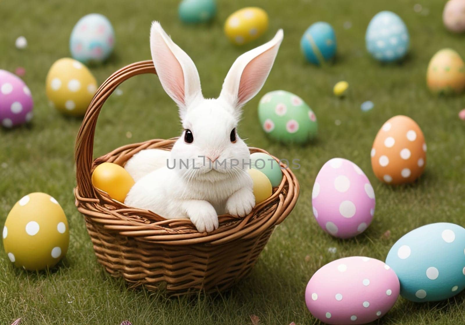 Easter bunny with colorful eggs in nest. ai generative