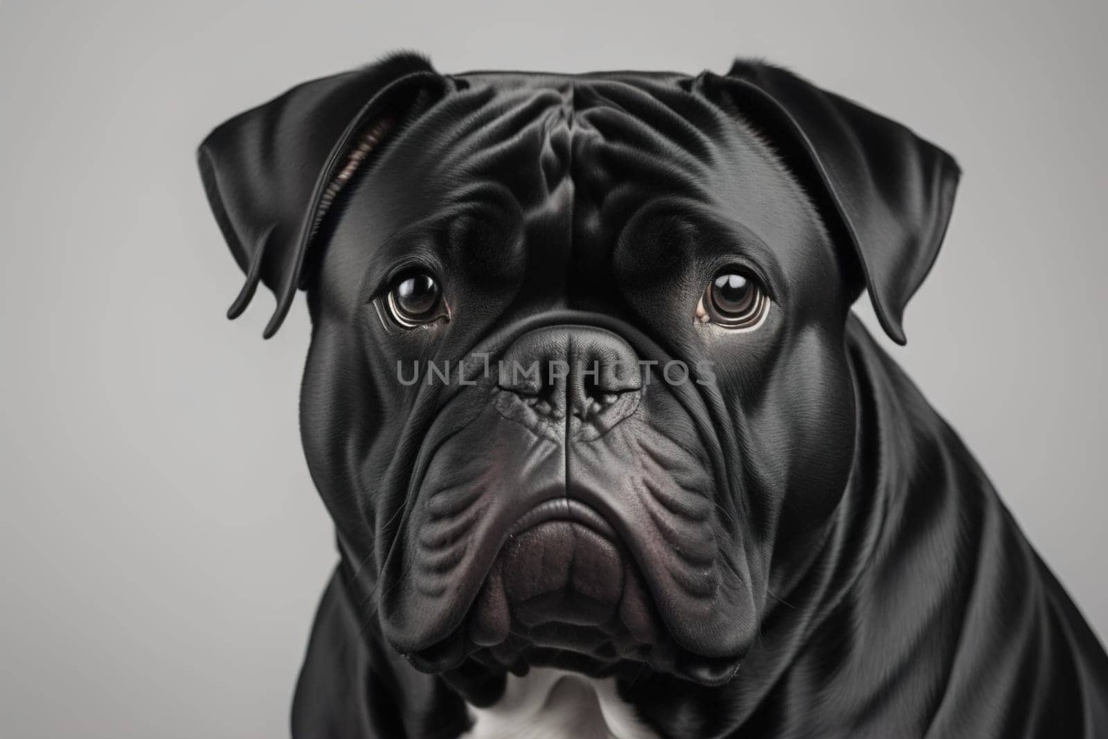 Close up portrait of a cute black dog on a orange background. ai generative
