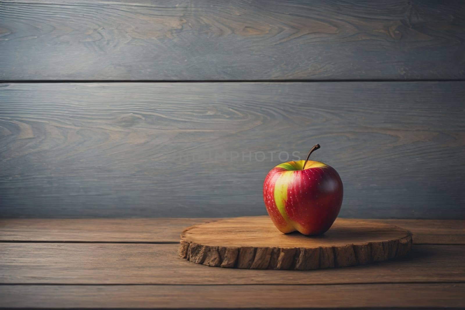 Red apple on a wooden background. ai generative