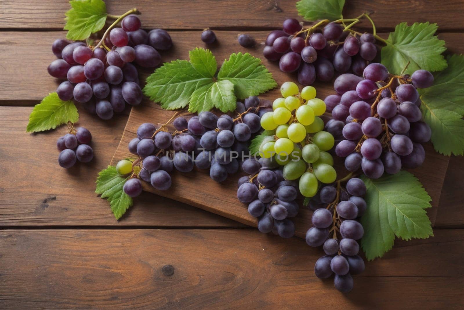 Bunch of fresh grapes on wooden table. Vintage style toned picture. ai generative