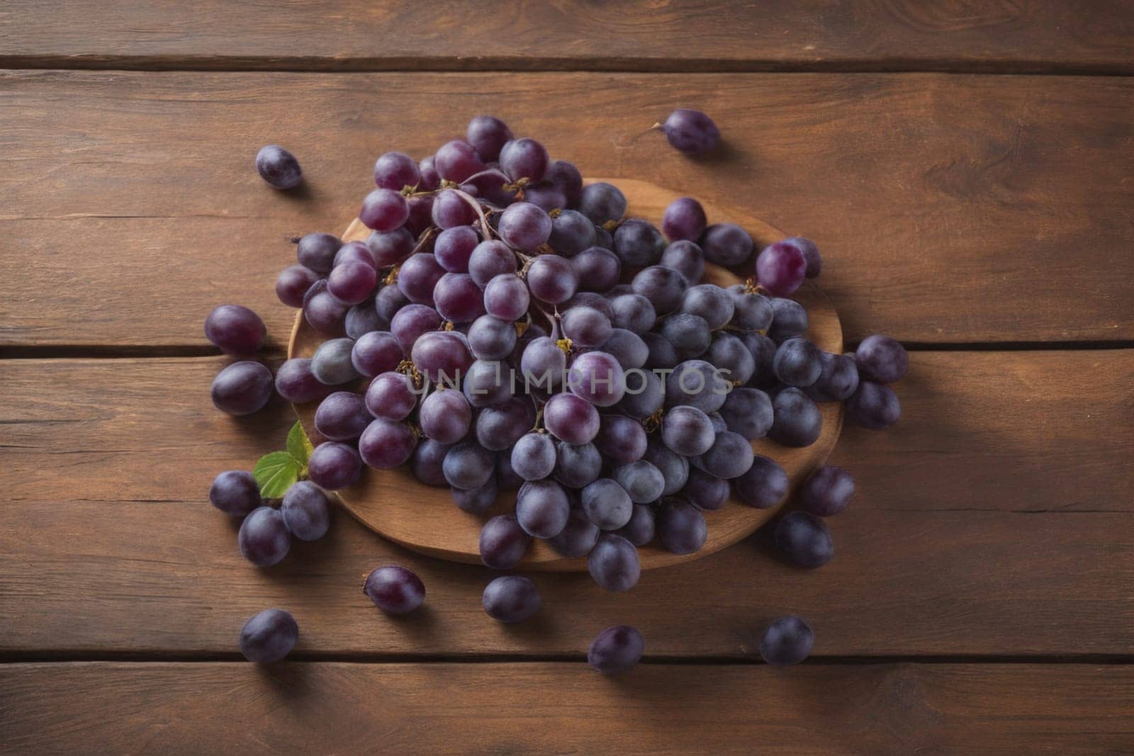 Bunch of fresh grapes on wooden table. Vintage style toned picture. ai generative