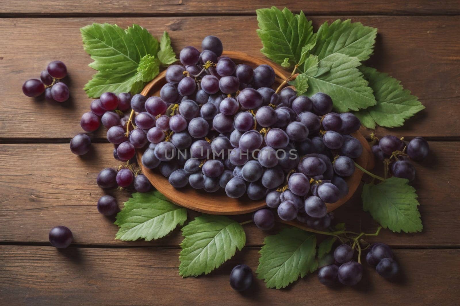Bunch of fresh grapes on wooden table. Vintage style toned picture. ai generative