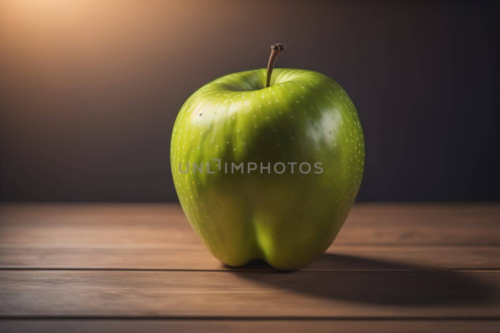 Green apple on a wooden table with dark background, shallow depth of field. The concept of healthy eating. ai generative