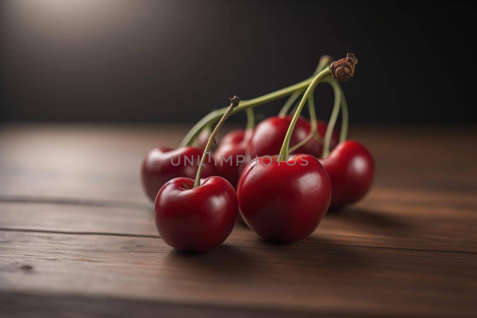 Red cherries on a wooden background. Close up. Selective focus. ai generative
