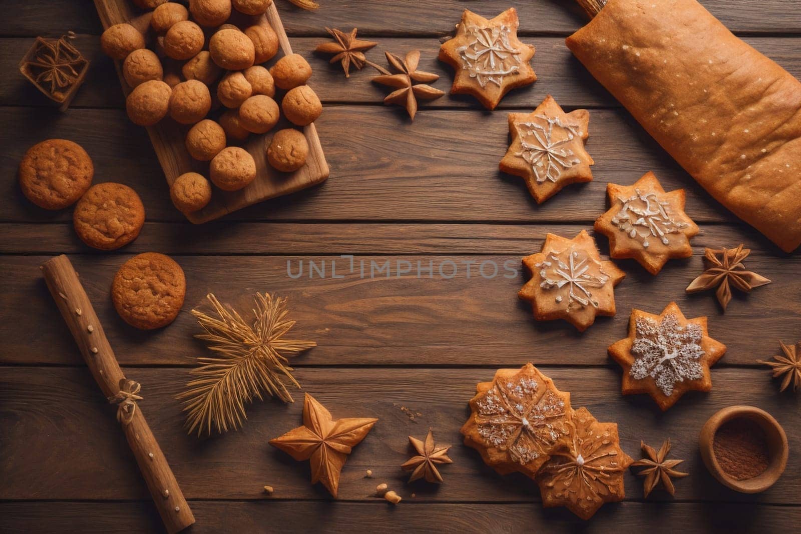 Cookies on a wooden table. Top view. ai generative