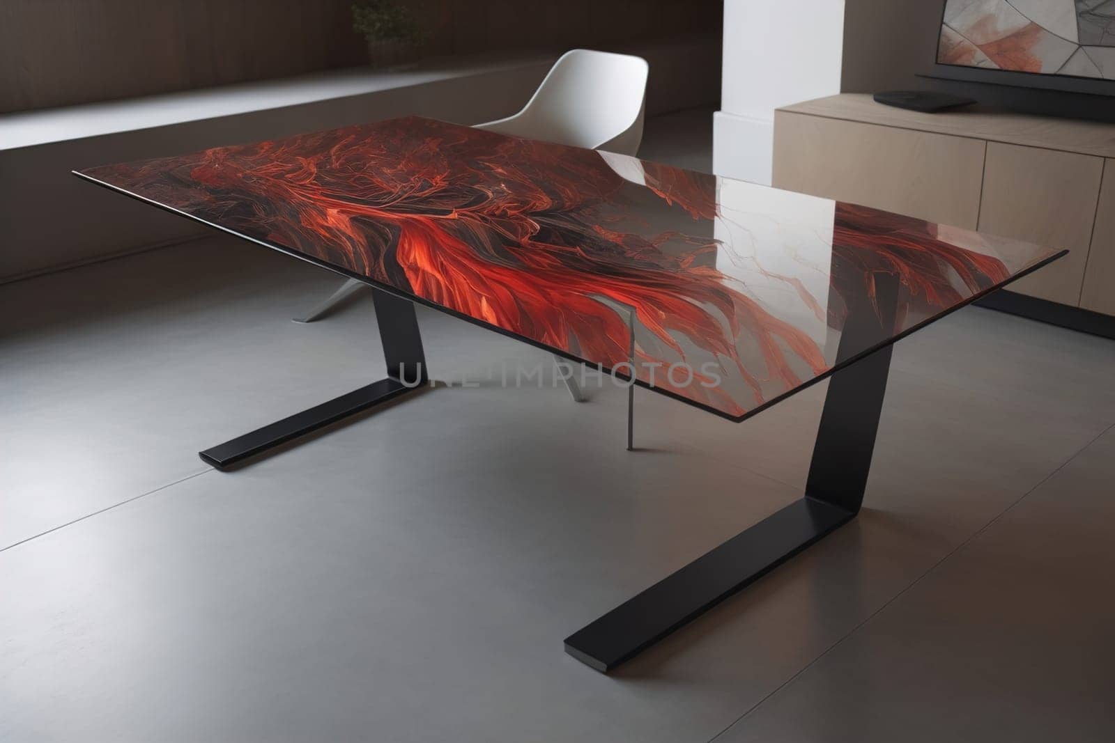 a glass table in a room. ai generative