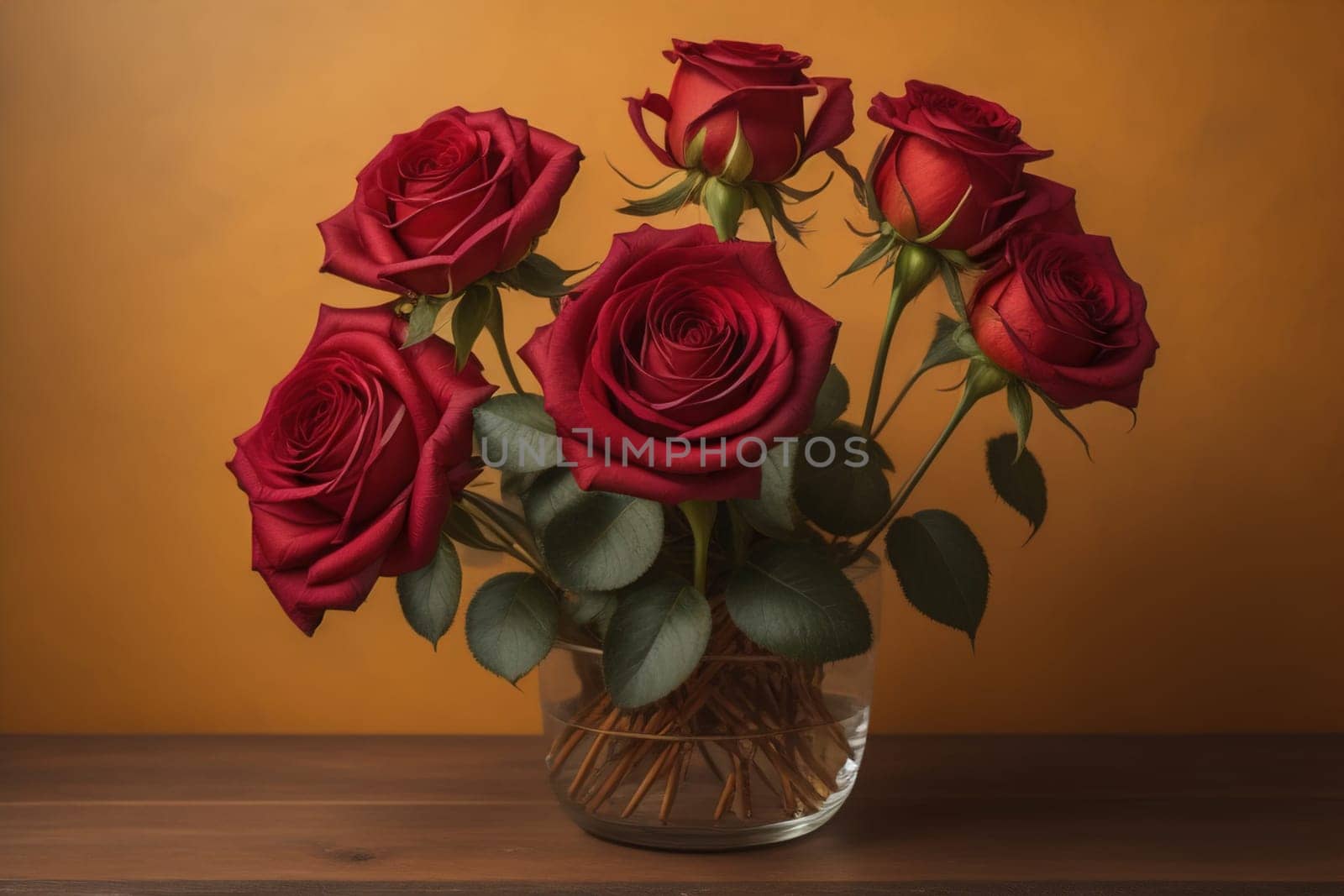 Red roses background. Top view of beautiful red roses with green leaves. ai generative