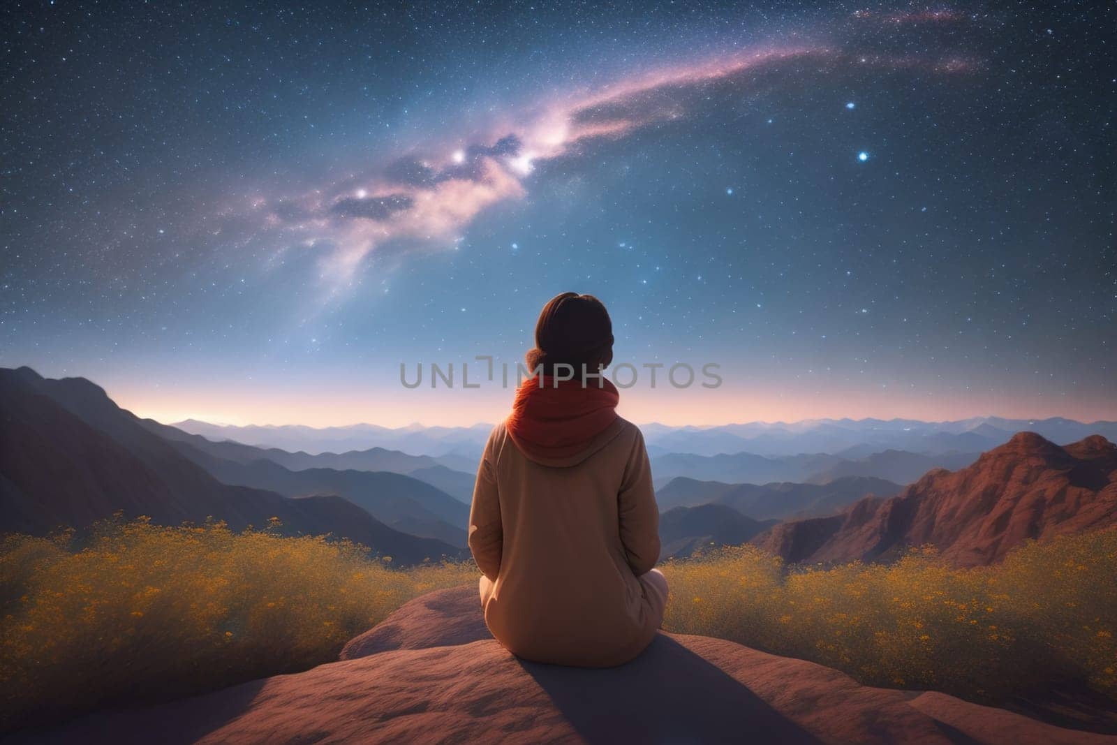 Woman looking at the starry sky with milky way in the mountains. ai generative by sanisra