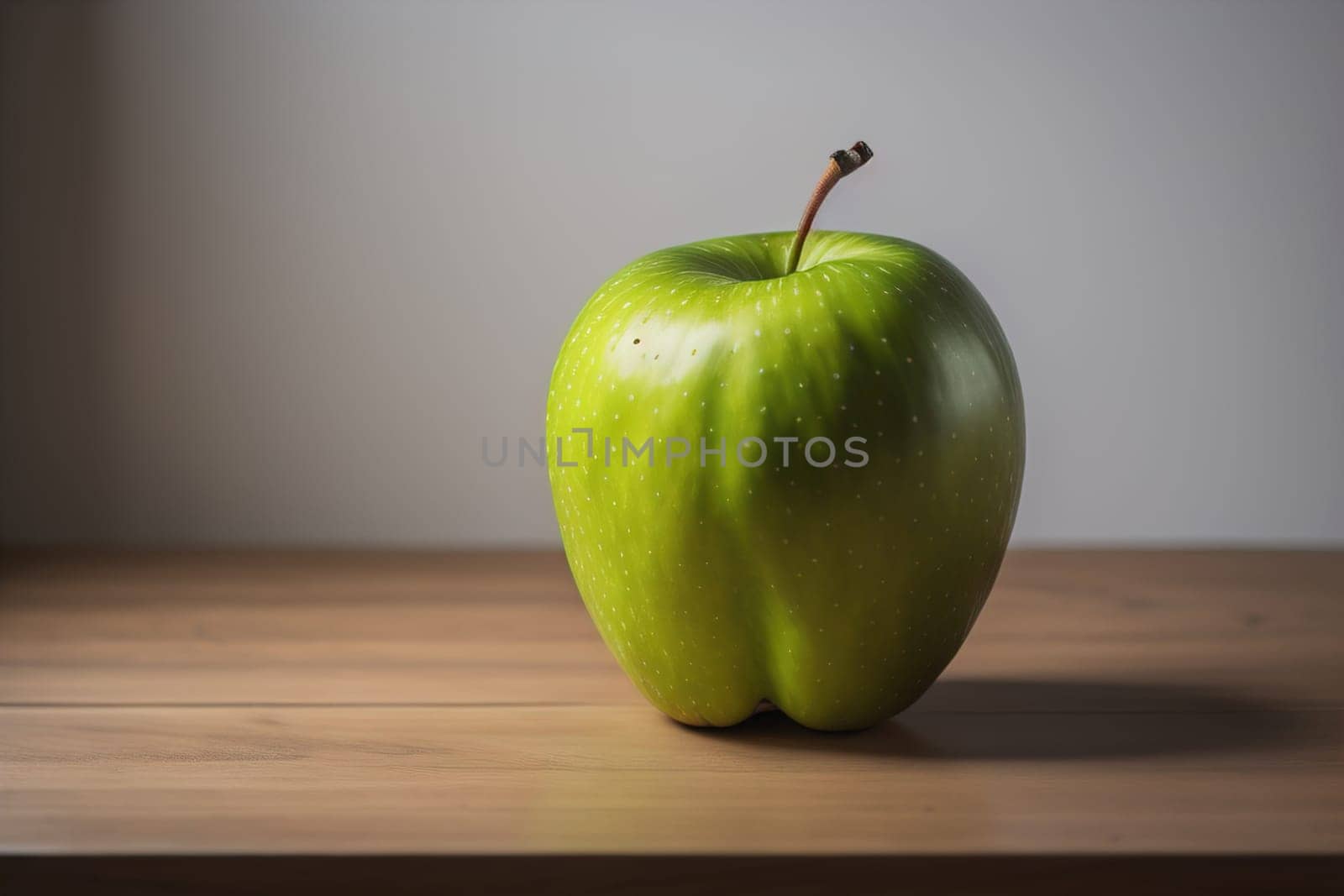 Green apple on a wooden table with dark background, shallow depth of field. The concept of healthy eating. ai generative