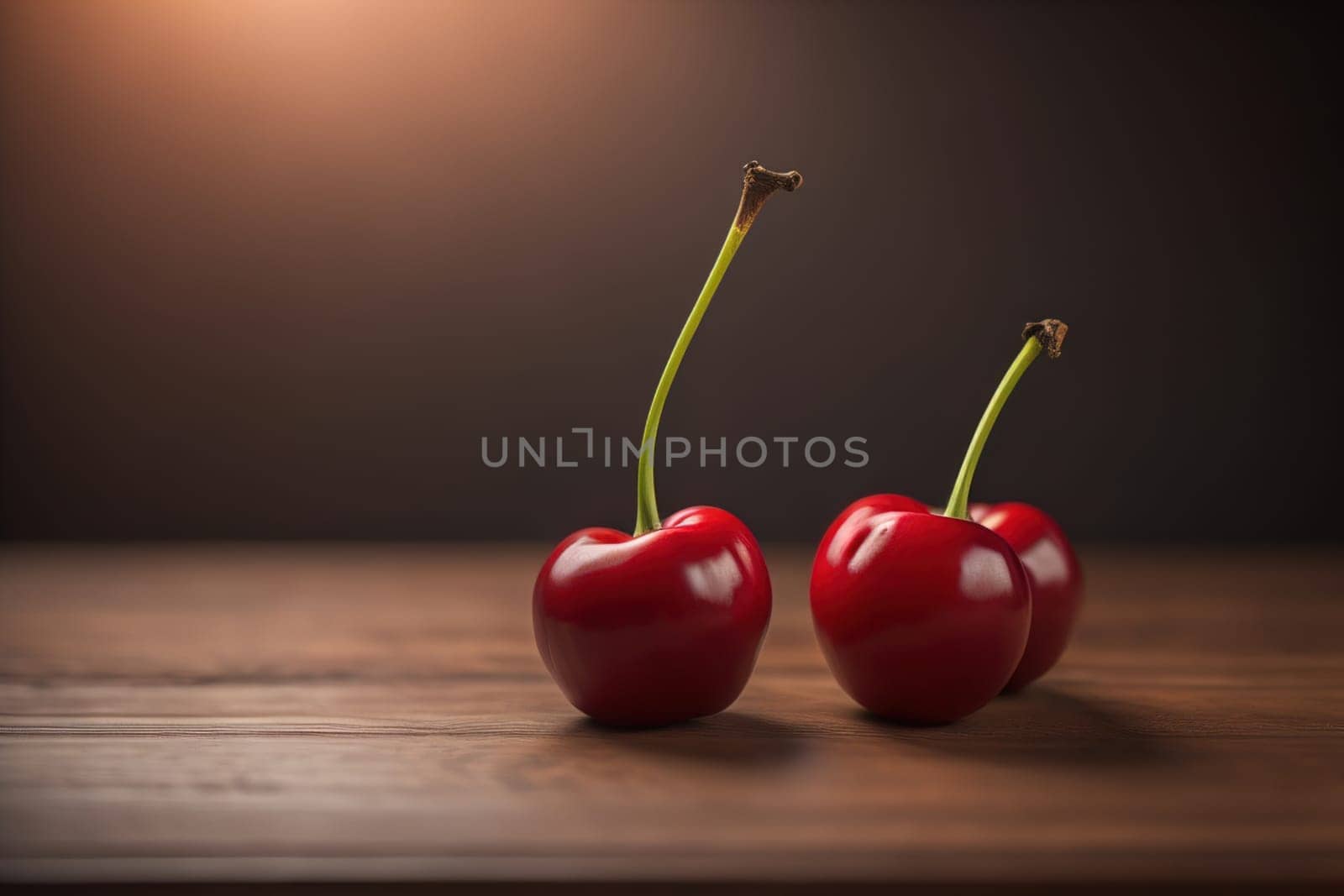 Red cherries on a wooden background. Close up. Selective focus. ai generative