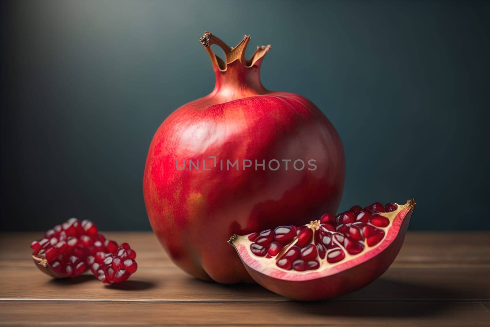 Ripe pomegranate fruit on a wooden background. Still life. ai generative